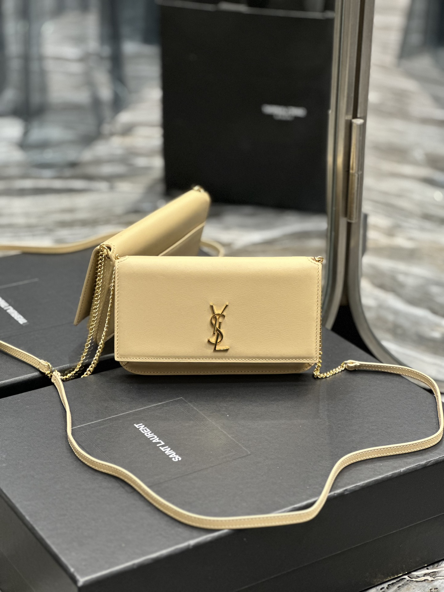 [TOP] Yves Saint Laurent YSL Monogram Phone Holder MINI Bag - Apricot & GHW - Hand Rubbing