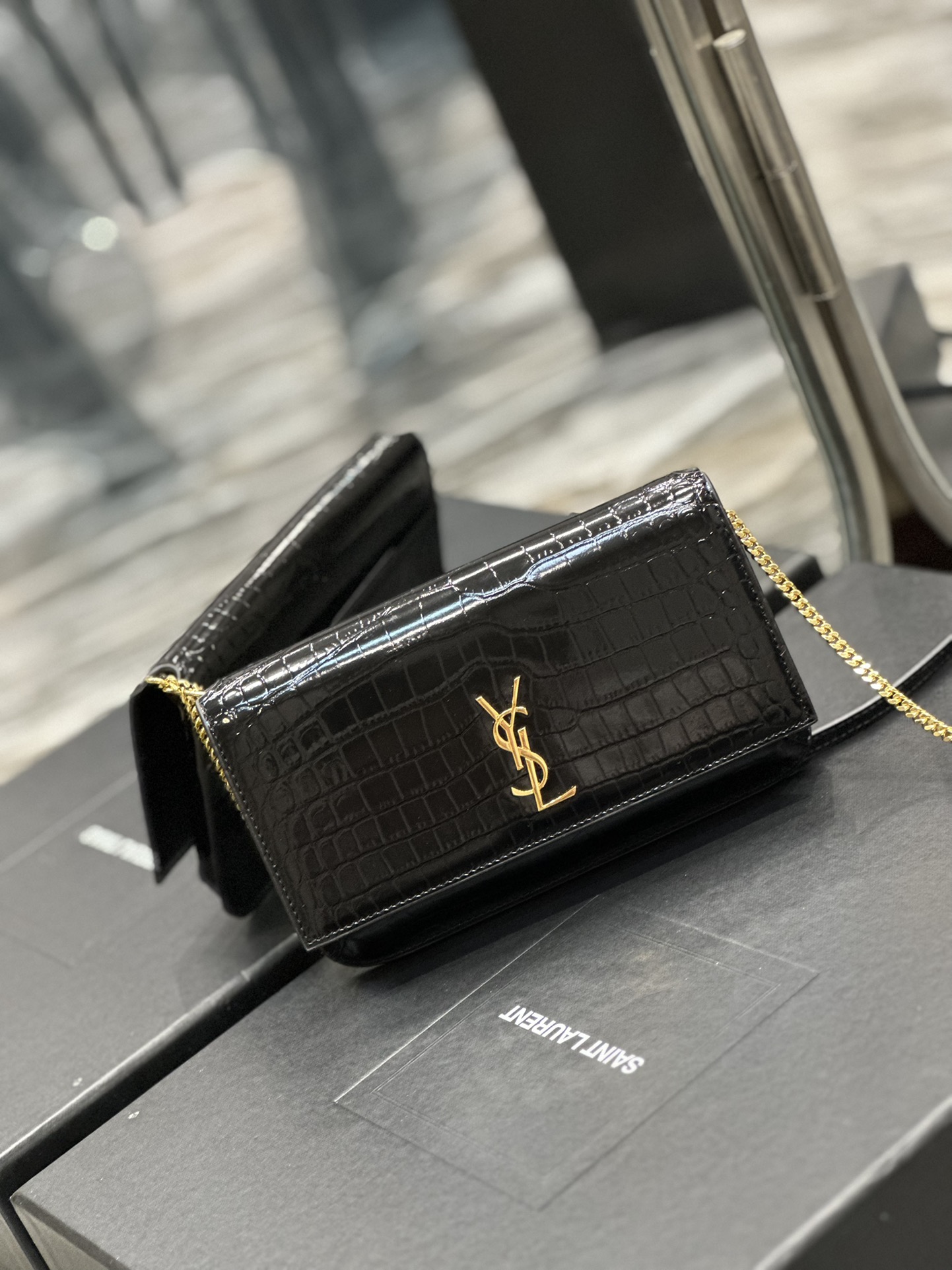 [TOP] Yves Saint Laurent YSL Monogram Phone Holder MINI Bag - Black & GHW - Crocodile Pattern