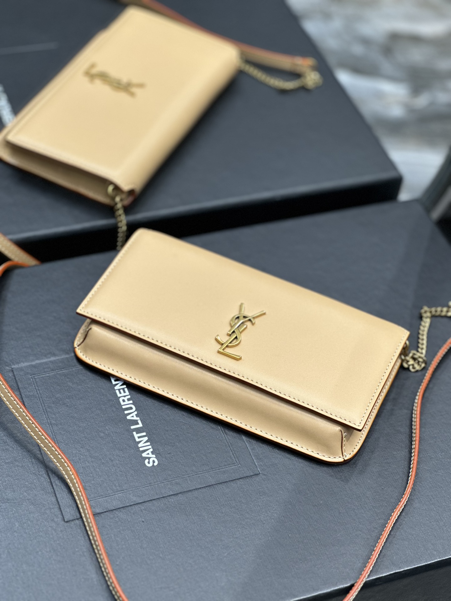 [TOP] Yves Saint Laurent YSL Monogram Phone Holder MINI Bag - Apricot & GHW - Plain Weave