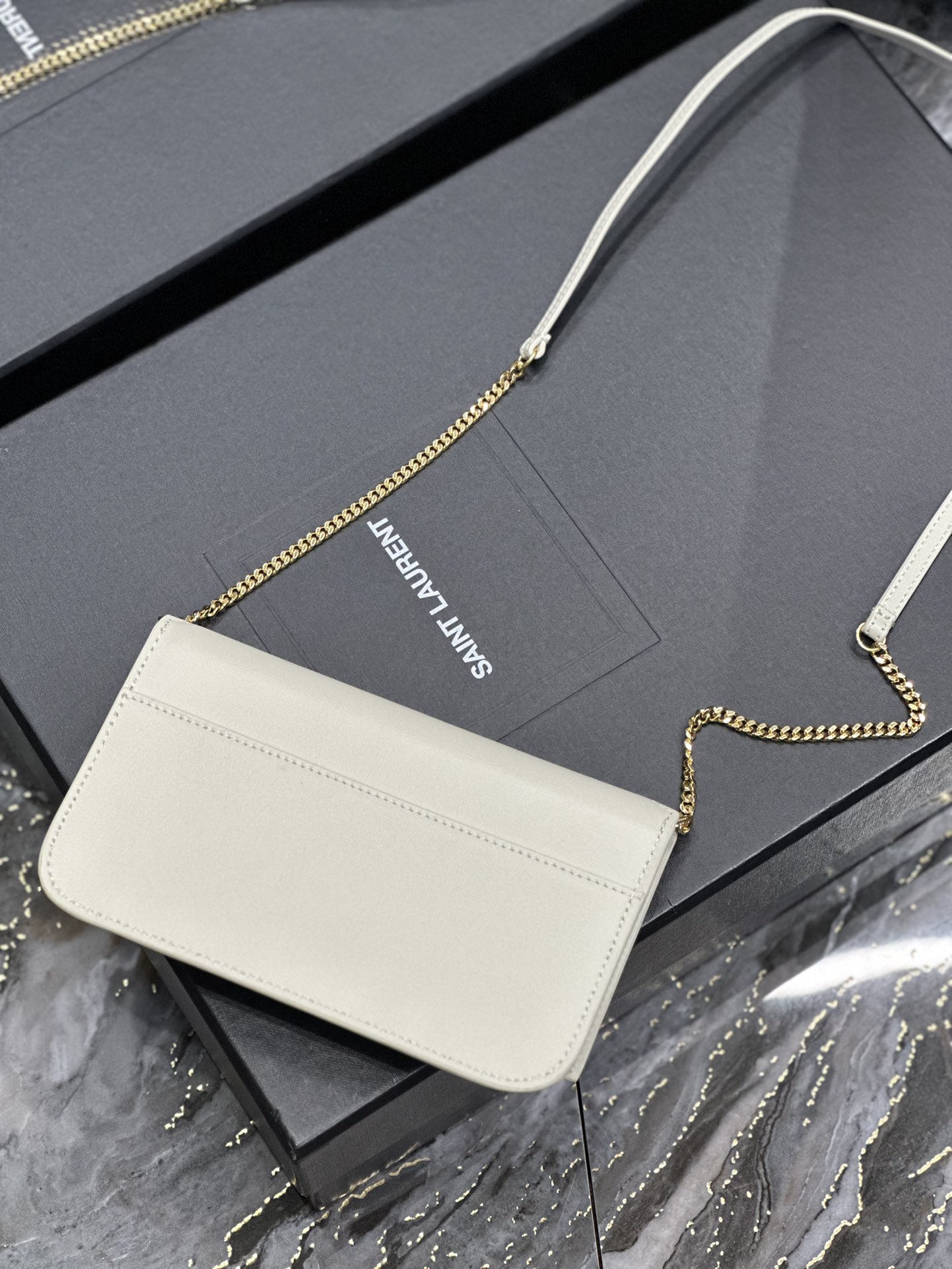 [TOP] Yves Saint Laurent YSL Monogram Phone Holder MINI Bag - White & GHW - Hand Rubbing