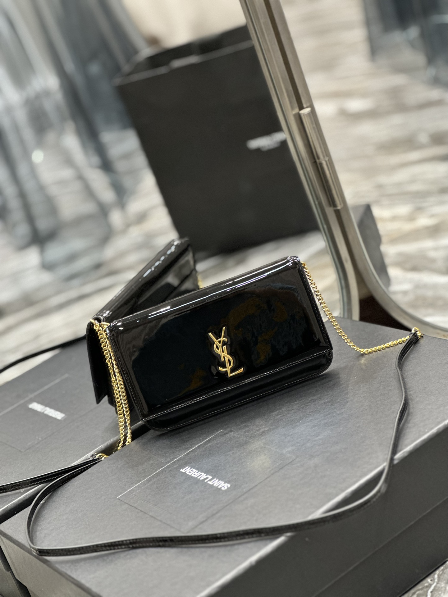 [TOP] Yves Saint Laurent YSL Monogram Phone Holder MINI Bag - BLACK & GHW - Patent Leather