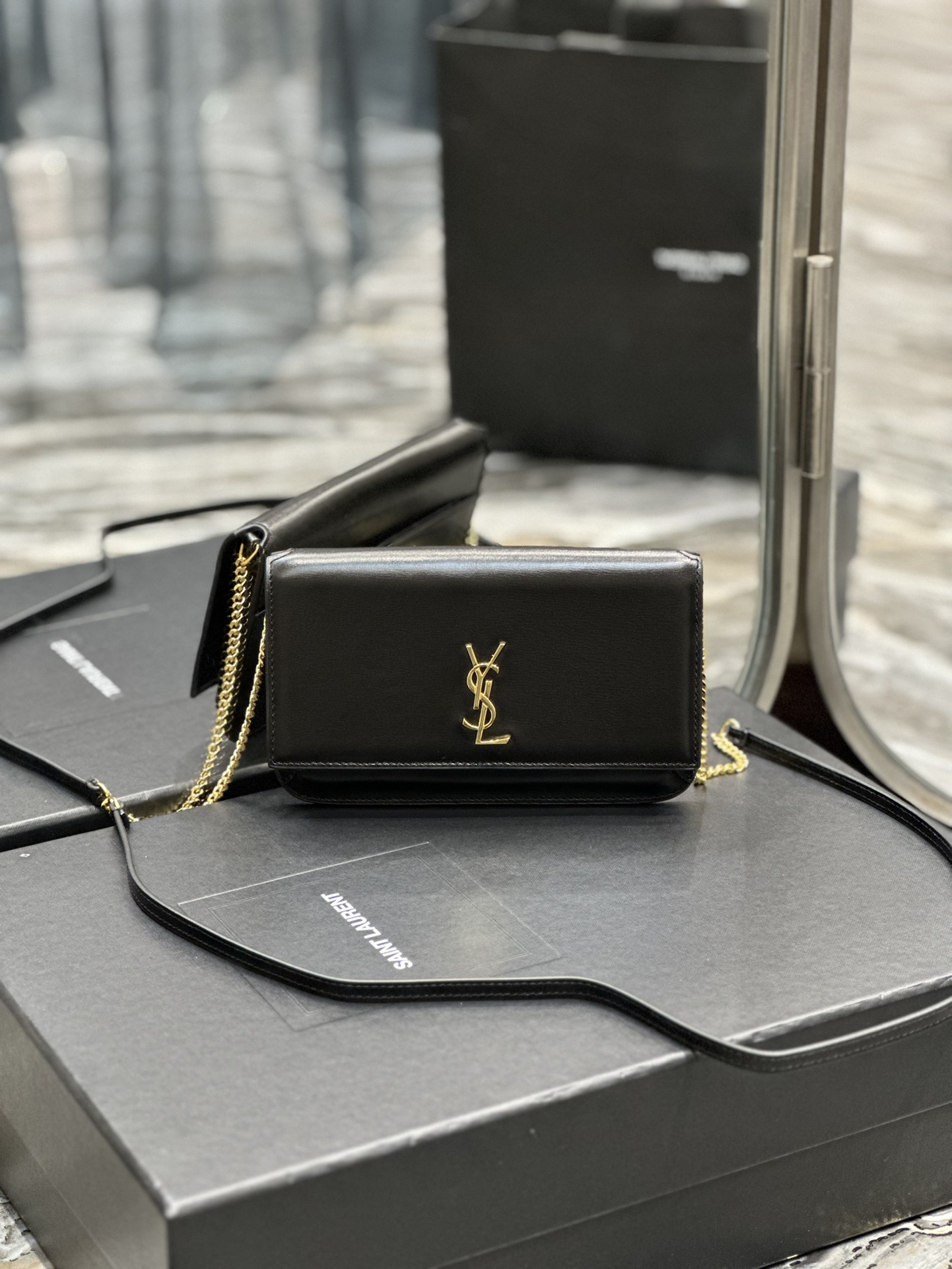 [TOP] Yves Saint Laurent YSL Monogram Phone Holder MINI Bag - Black & GHW - Hand Rubbing