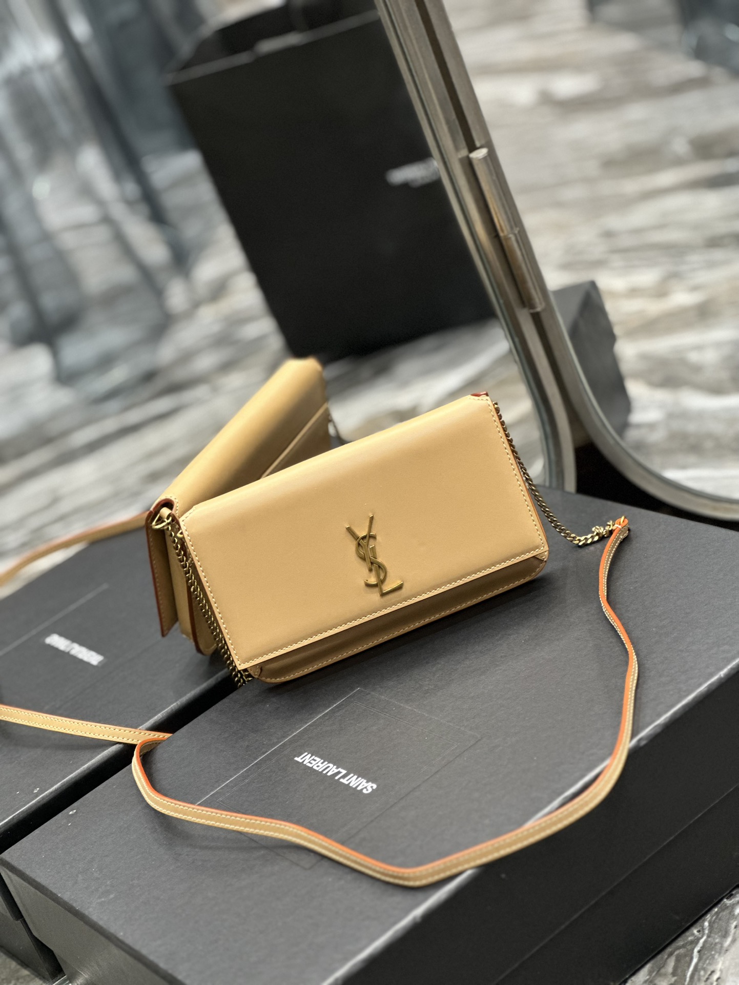 [TOP] Yves Saint Laurent YSL Monogram Phone Holder MINI Bag - Apricot & GHW - Plain Weave