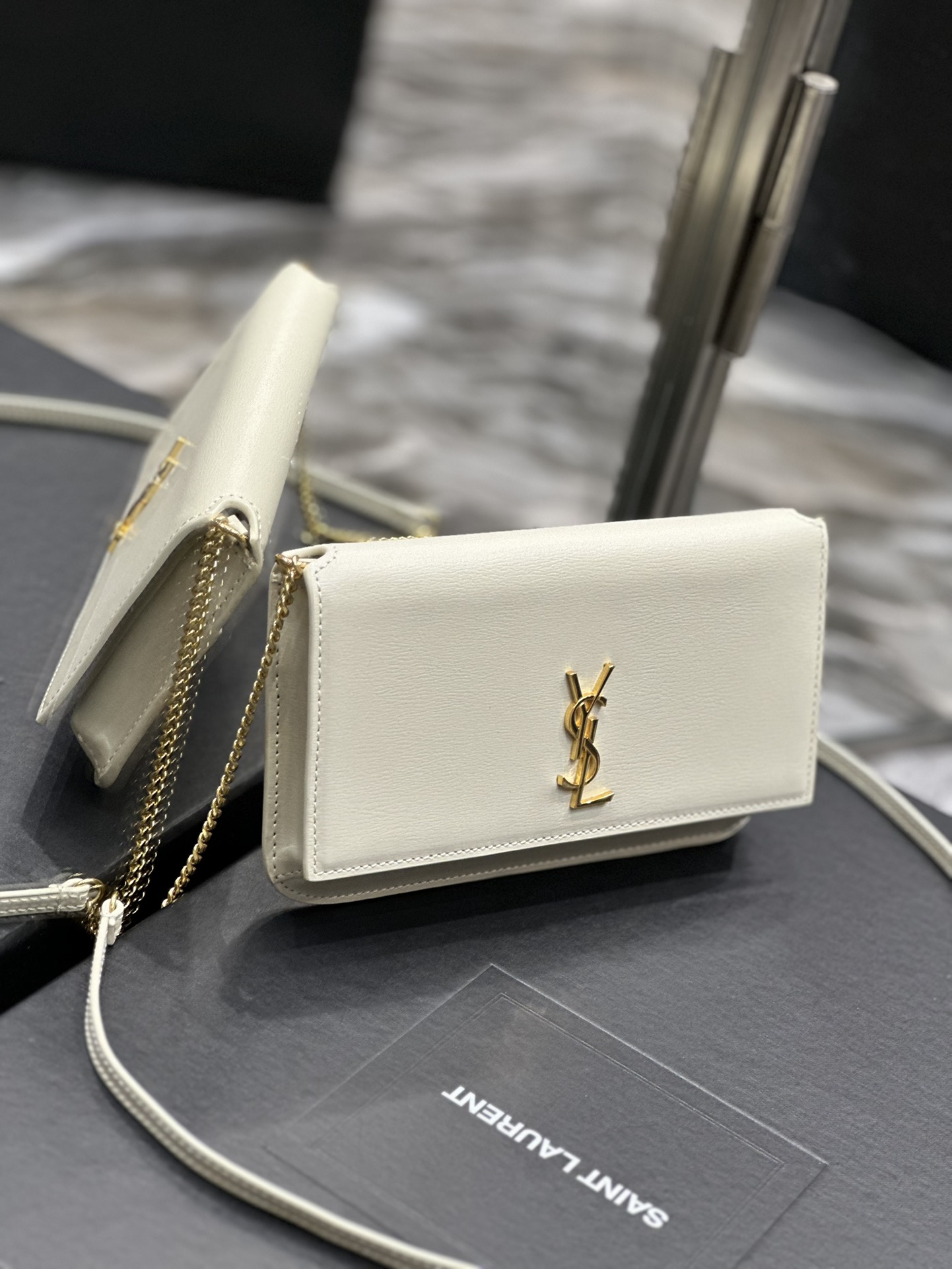 [TOP] Yves Saint Laurent YSL Monogram Phone Holder MINI Bag - White & GHW - Hand Rubbing