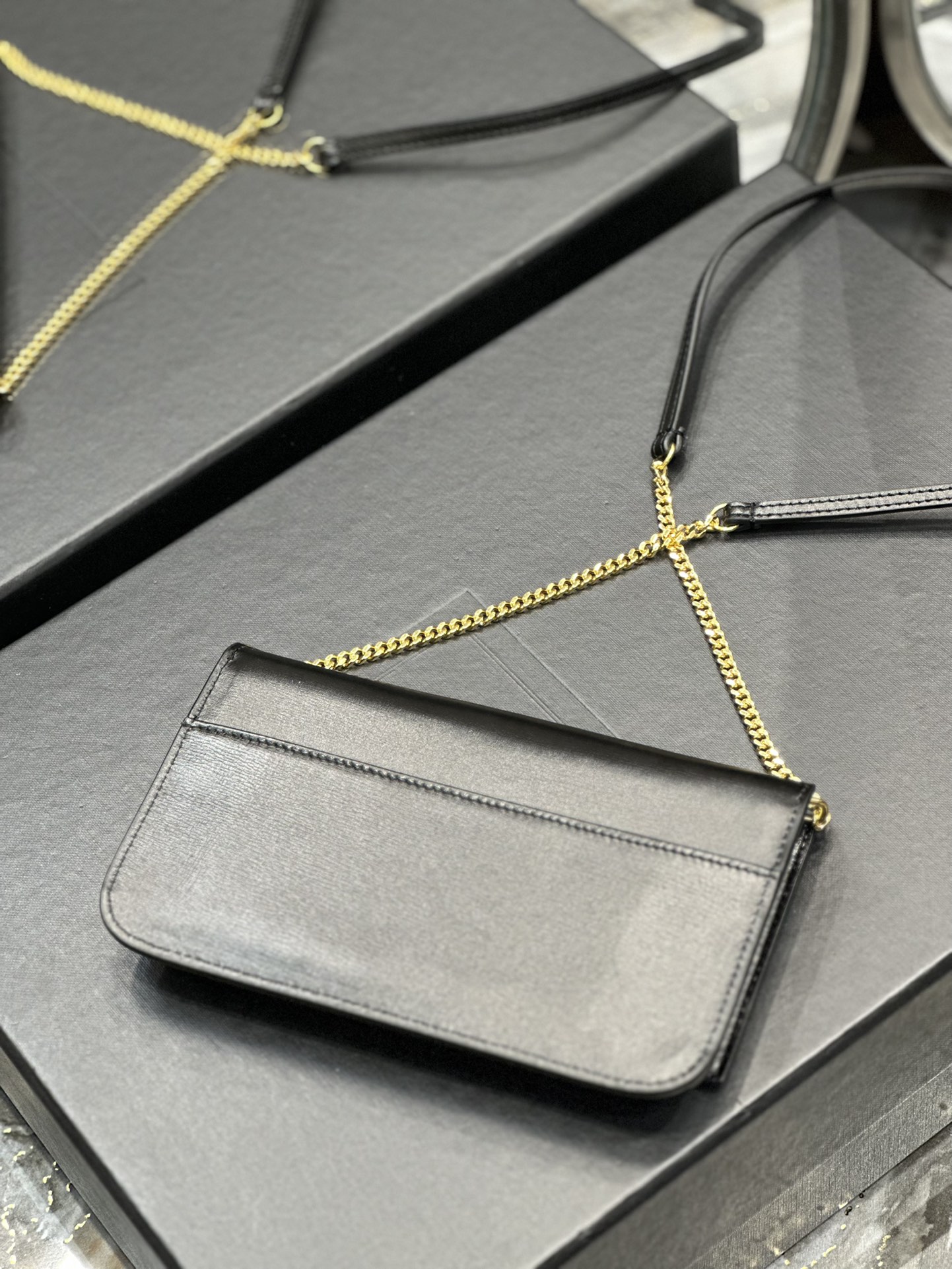 [TOP] Yves Saint Laurent YSL Monogram Phone Holder MINI Bag - Black & GHW - Hand Rubbing