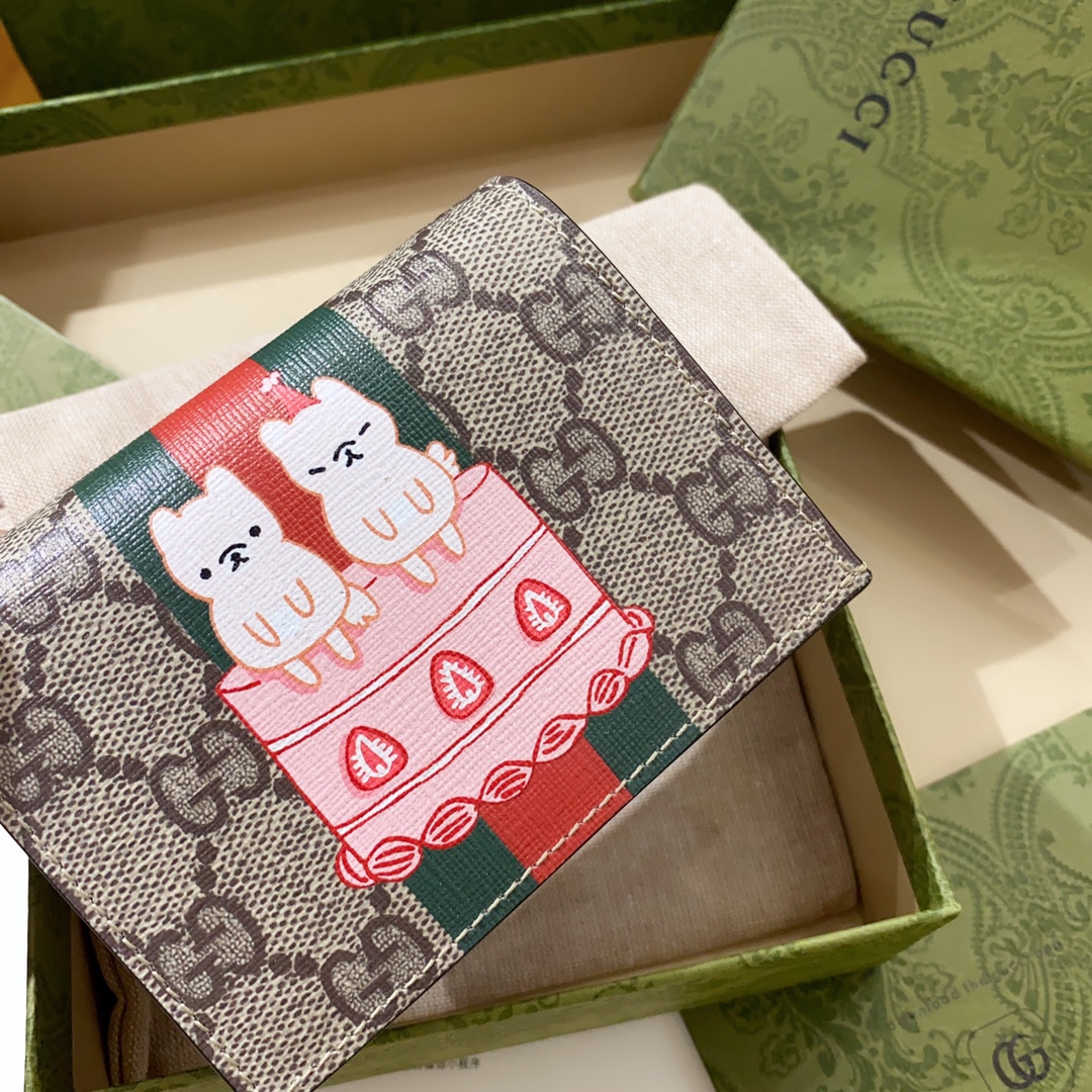 [TOP] GUCCI Cake Cat Pattern Card Case Wallet 11.5x8x3 cm