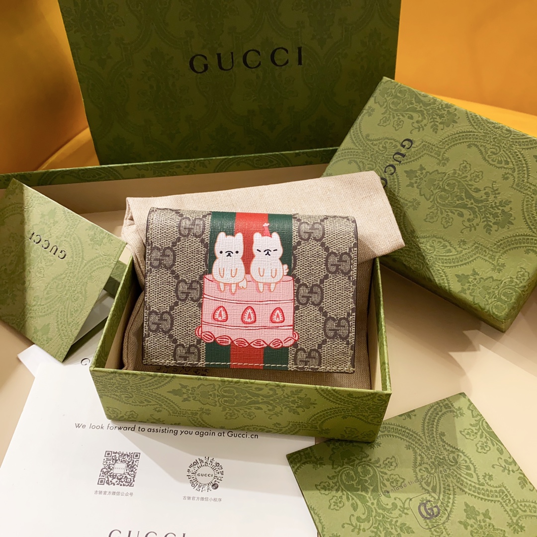 [TOP] GUCCI Cake Cat Pattern Card Case Wallet 11.5x8x3 cm