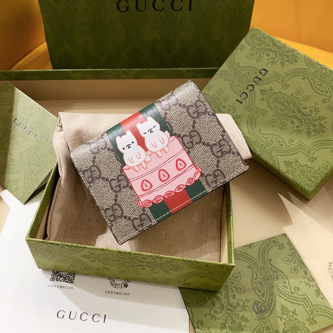 [TOP] GUCCI Cake Cat Pattern Card Case Wallet 11.5x8x3 cm