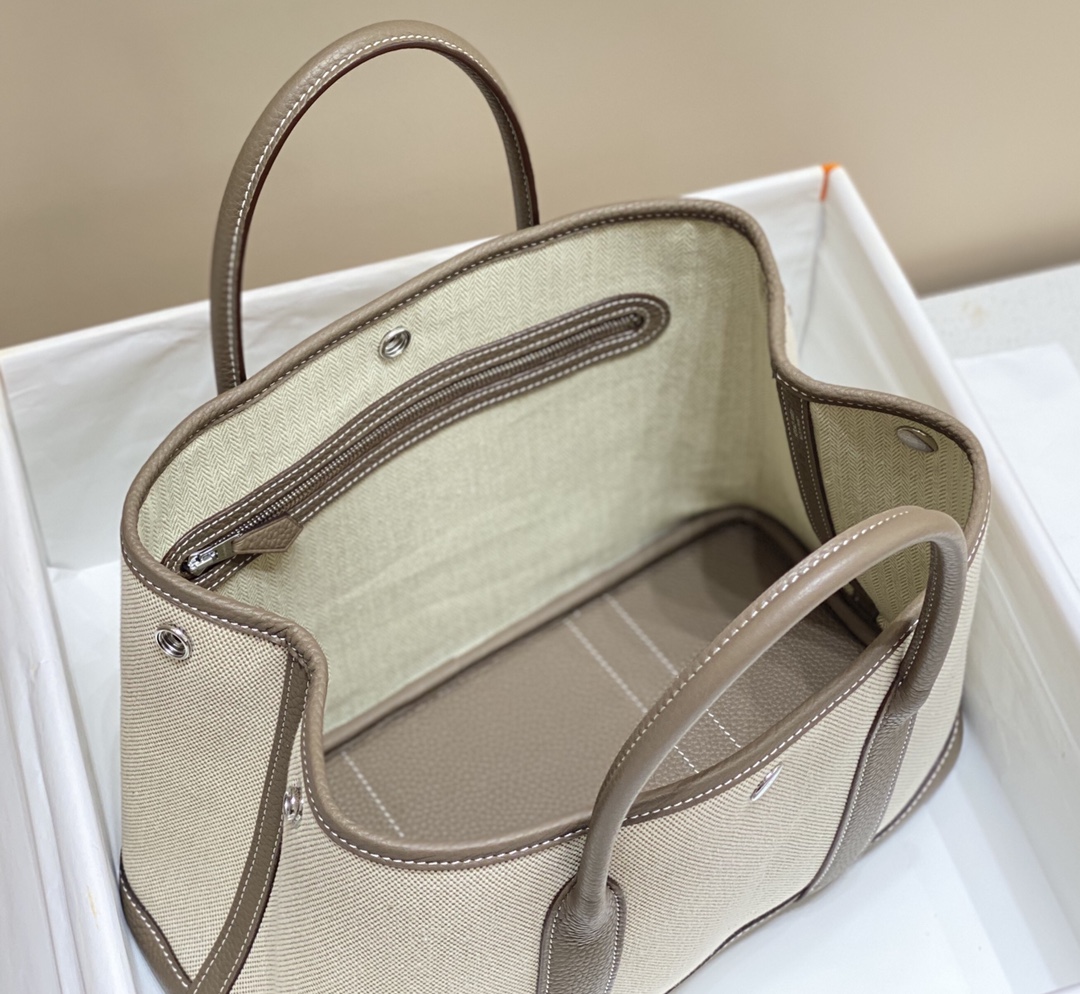 [TOP] HERMES Garden Party Bags Canvas With Leather 30cm - Grey