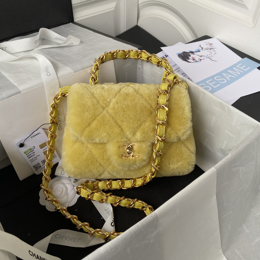 [TOP] CHANEL Classic Flap Bag Wool 15 X 20.5 X 8 cm - Yellow & GHW