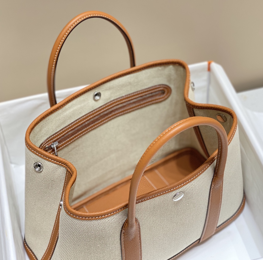 [TOP] HERMES Garden Party Bags Canvas With Leather 30cm - Brown
