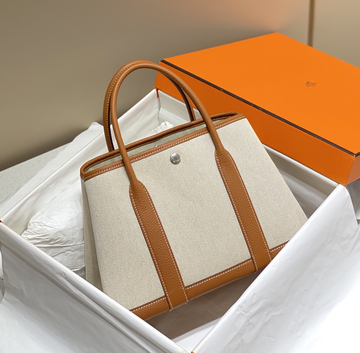 [TOP] HERMES Garden Party Bags Canvas With Leather 30cm - Brown