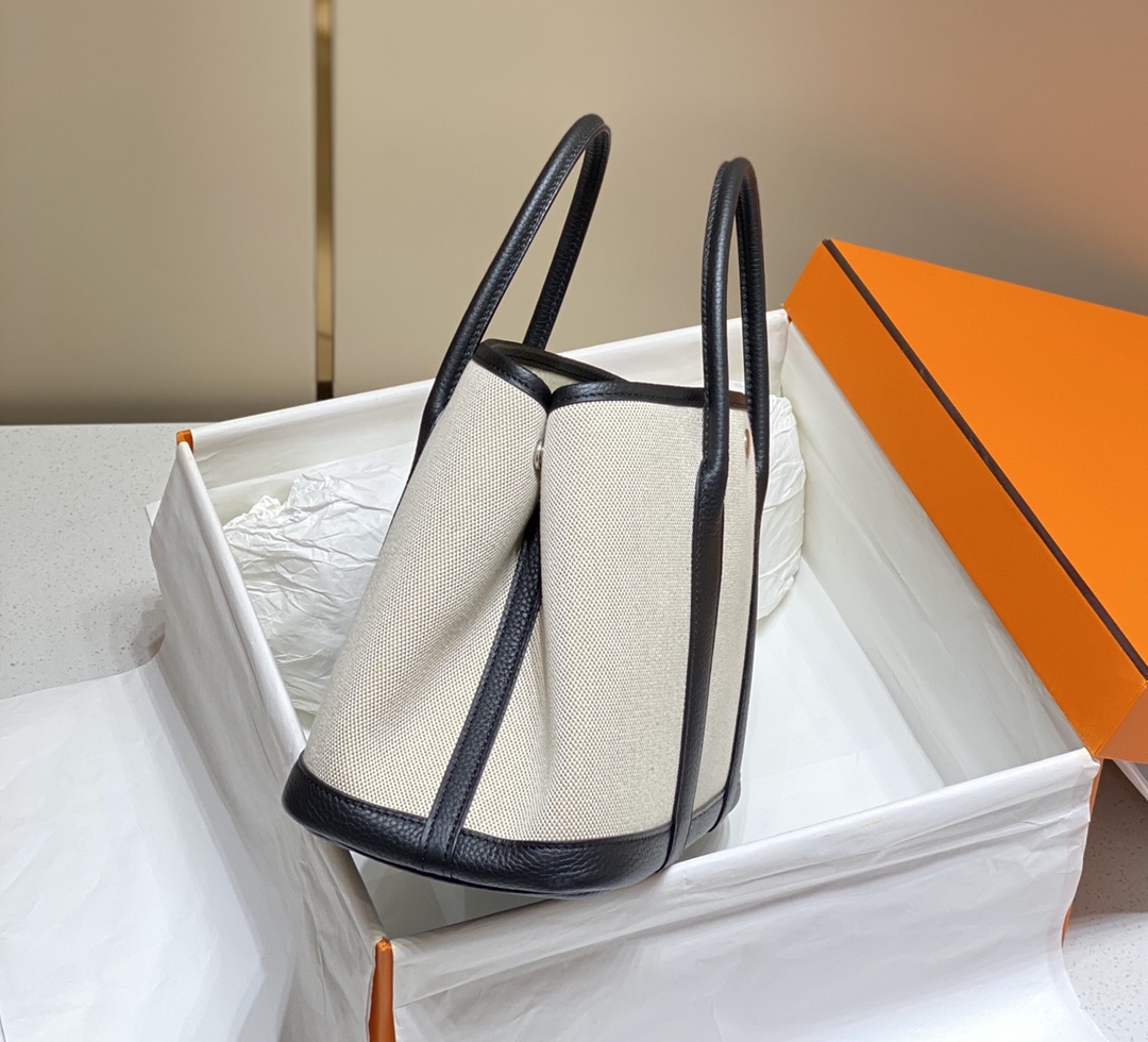 [TOP] HERMES Garden Party Bags Canvas With Leather 30cm - Black