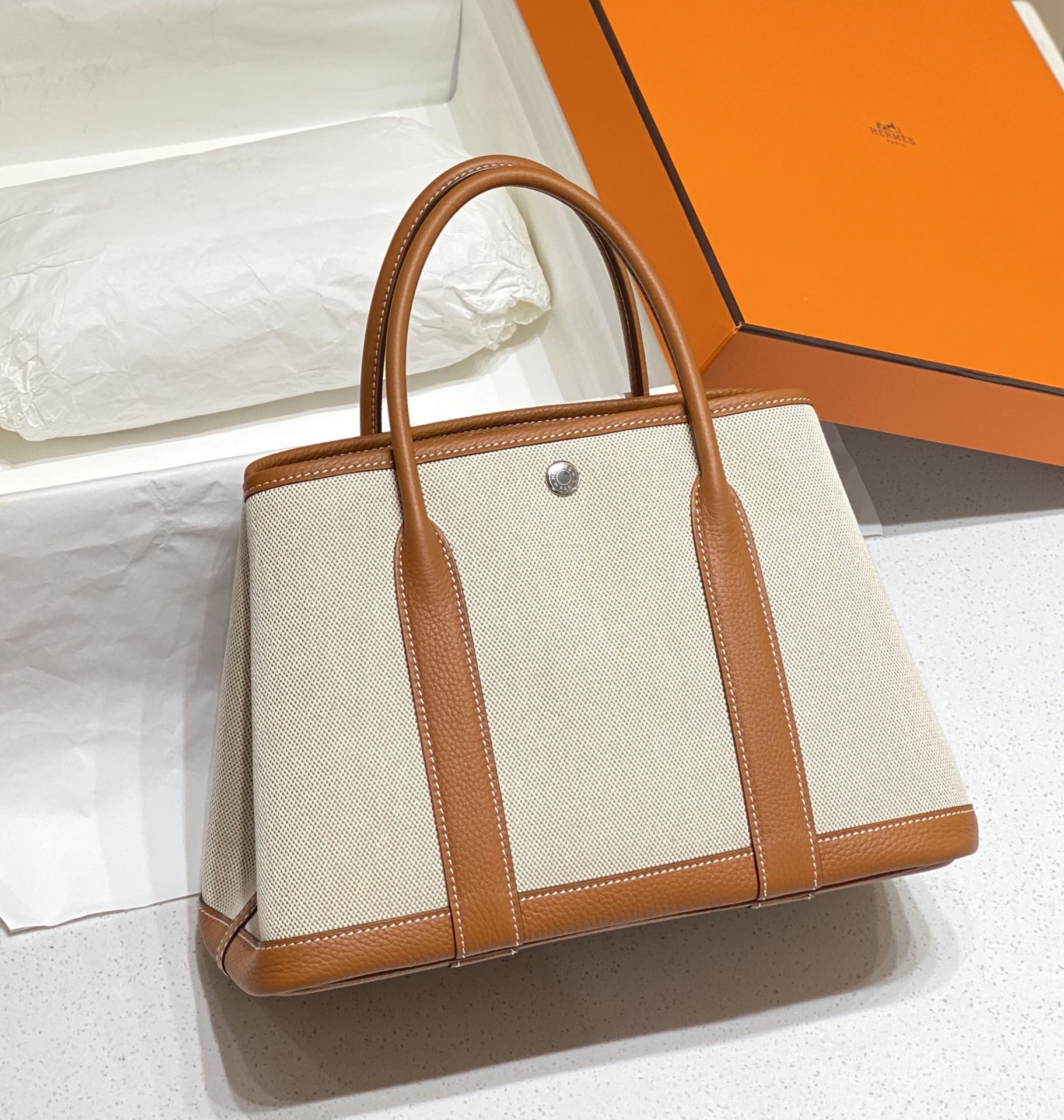 [TOP] HERMES Garden Party Bags Canvas With Leather 30cm - Brown