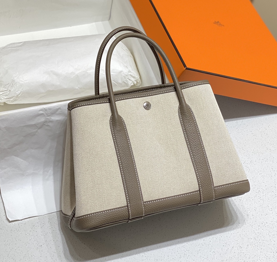 [TOP] HERMES Garden Party Bags Canvas With Leather 30cm - Grey