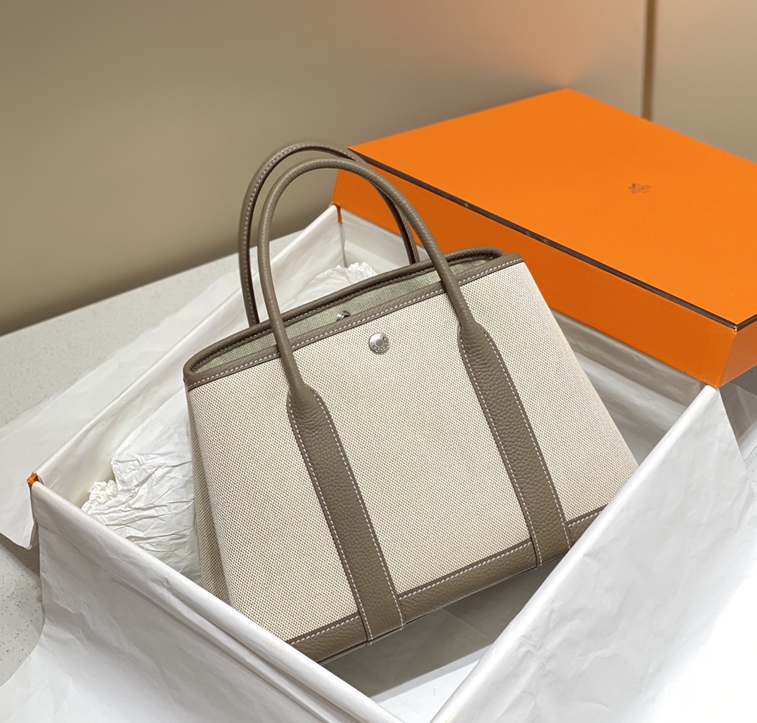[TOP] HERMES Garden Party Bags Canvas With Leather 30cm - Grey