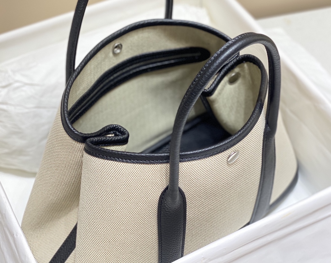 [TOP] HERMES Garden Party Bags Canvas With Leather 30cm - Black