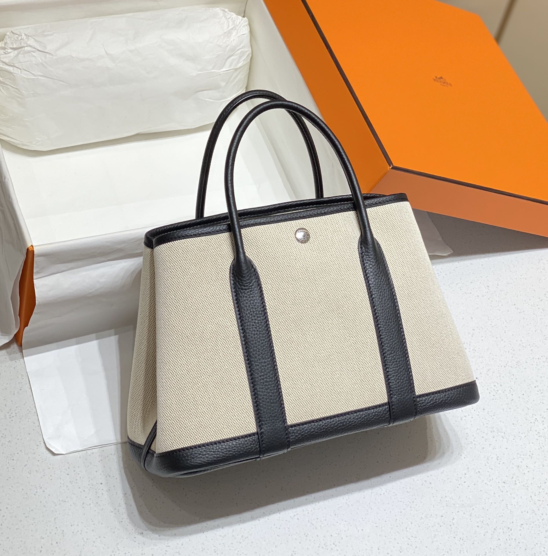 [TOP] HERMES Garden Party Bags Canvas With Leather 30cm - Black