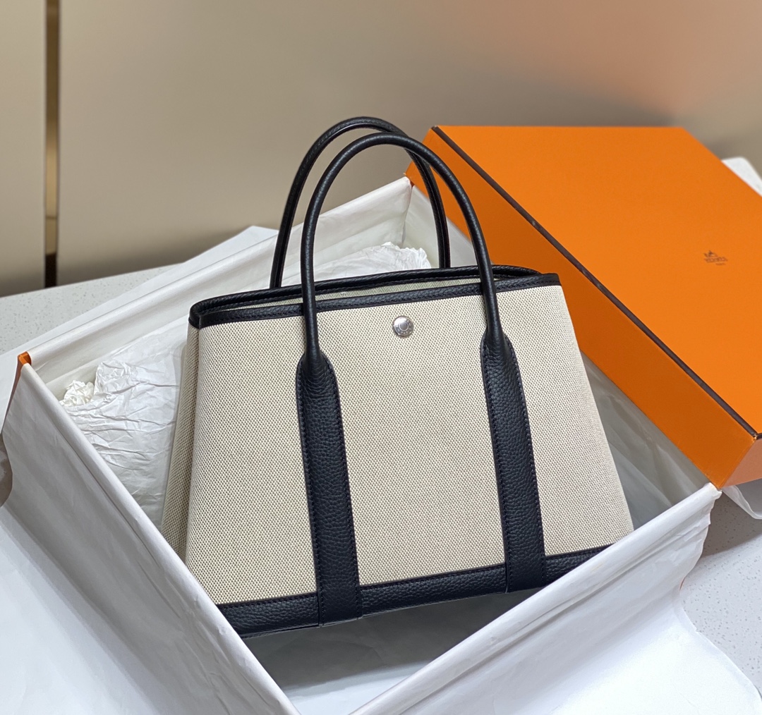 [TOP] HERMES Garden Party Bags Canvas With Leather 30cm - Black
