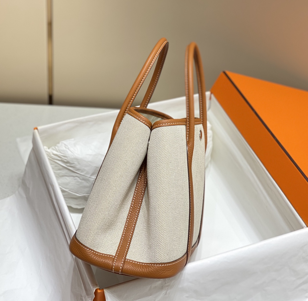 [TOP] HERMES Garden Party Bags Canvas With Leather 30cm - Brown