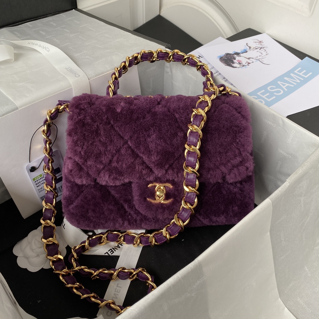 [TOP] CHANEL Classic Flap Bag Wool 18 X 23 X 9 cm - Purple & GHW