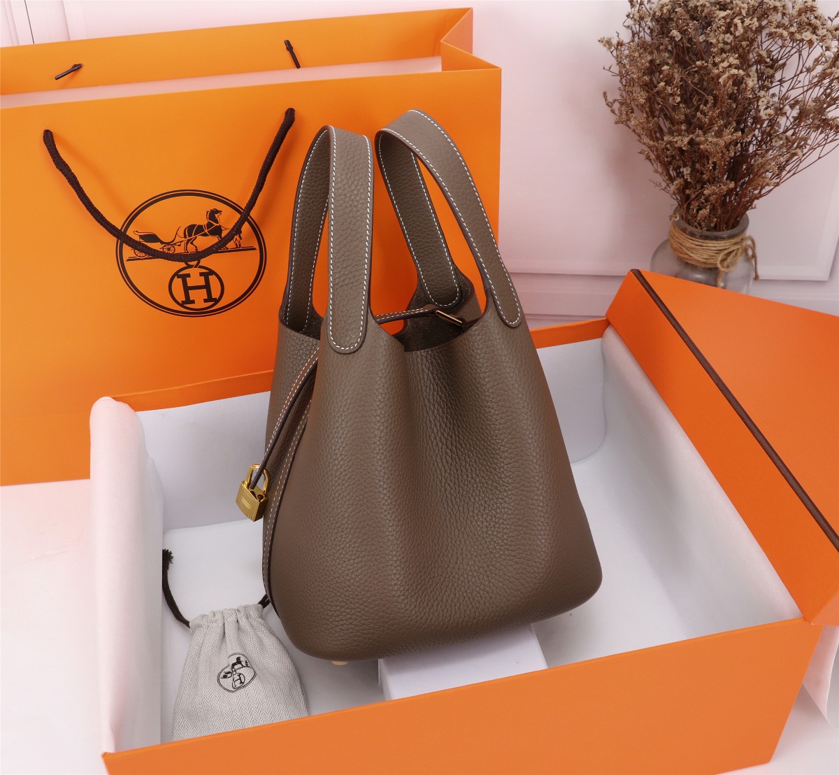 [TOP] HERMES Picotin Lock Bag TC Leather 18cm/22cm - Etoupe - GHW/SHW