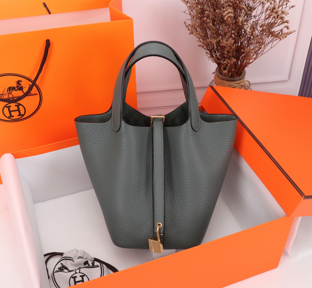 [TOP] HERMES Picotin Lock Bag TC Leather 18cm/22cm  - Grey