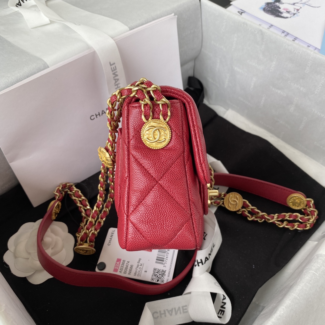 [TOP] CHANEL Classic Flap Bag Coin Calfskin Mini 13 x 17 x 6 cm - Red & GHW