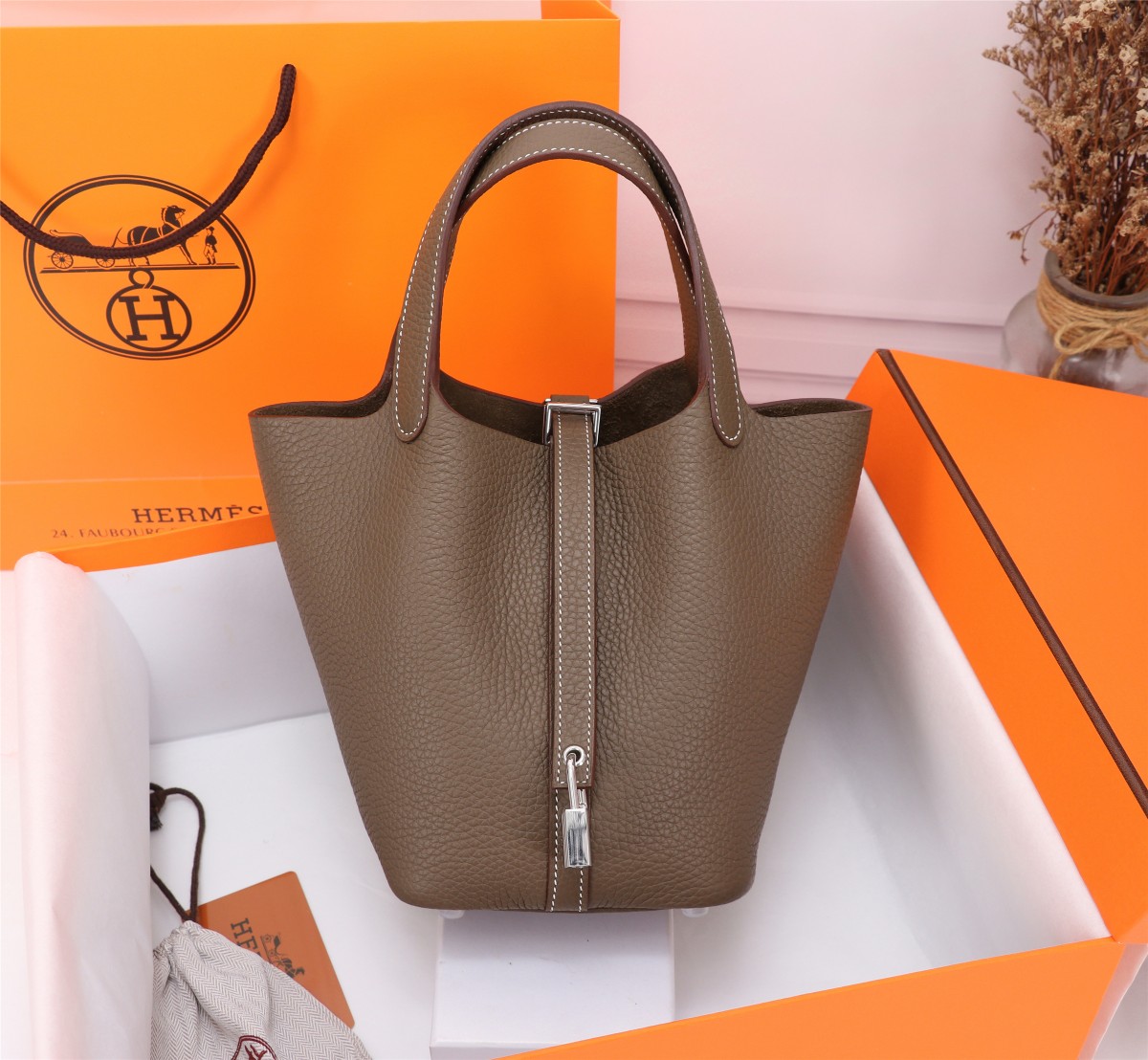 [TOP] HERMES Picotin Lock Bag TC Leather 18cm/22cm - Etoupe - GHW/SHW