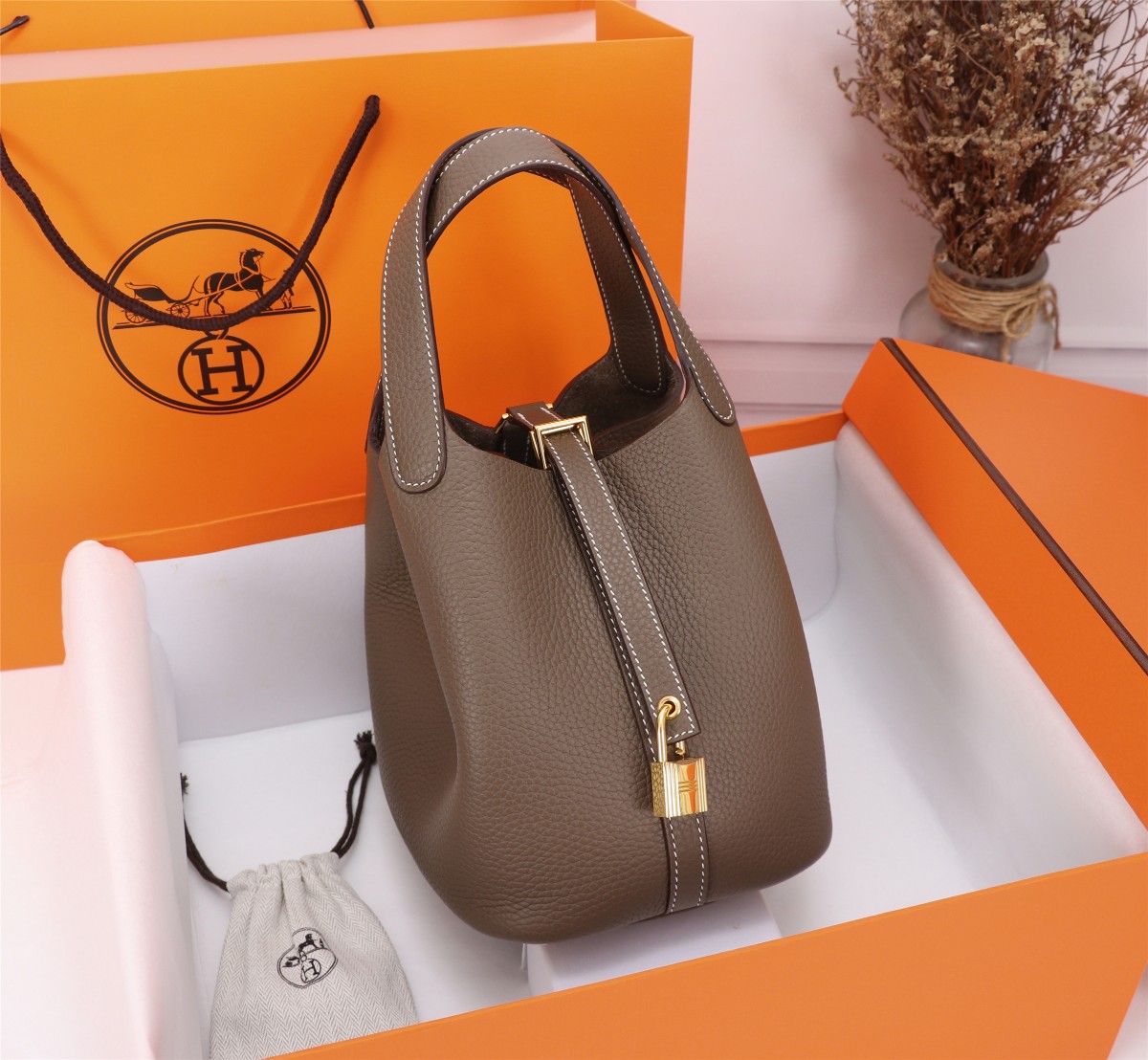 [TOP] HERMES Picotin Lock Bag TC Leather 18cm/22cm - Etoupe - GHW/SHW