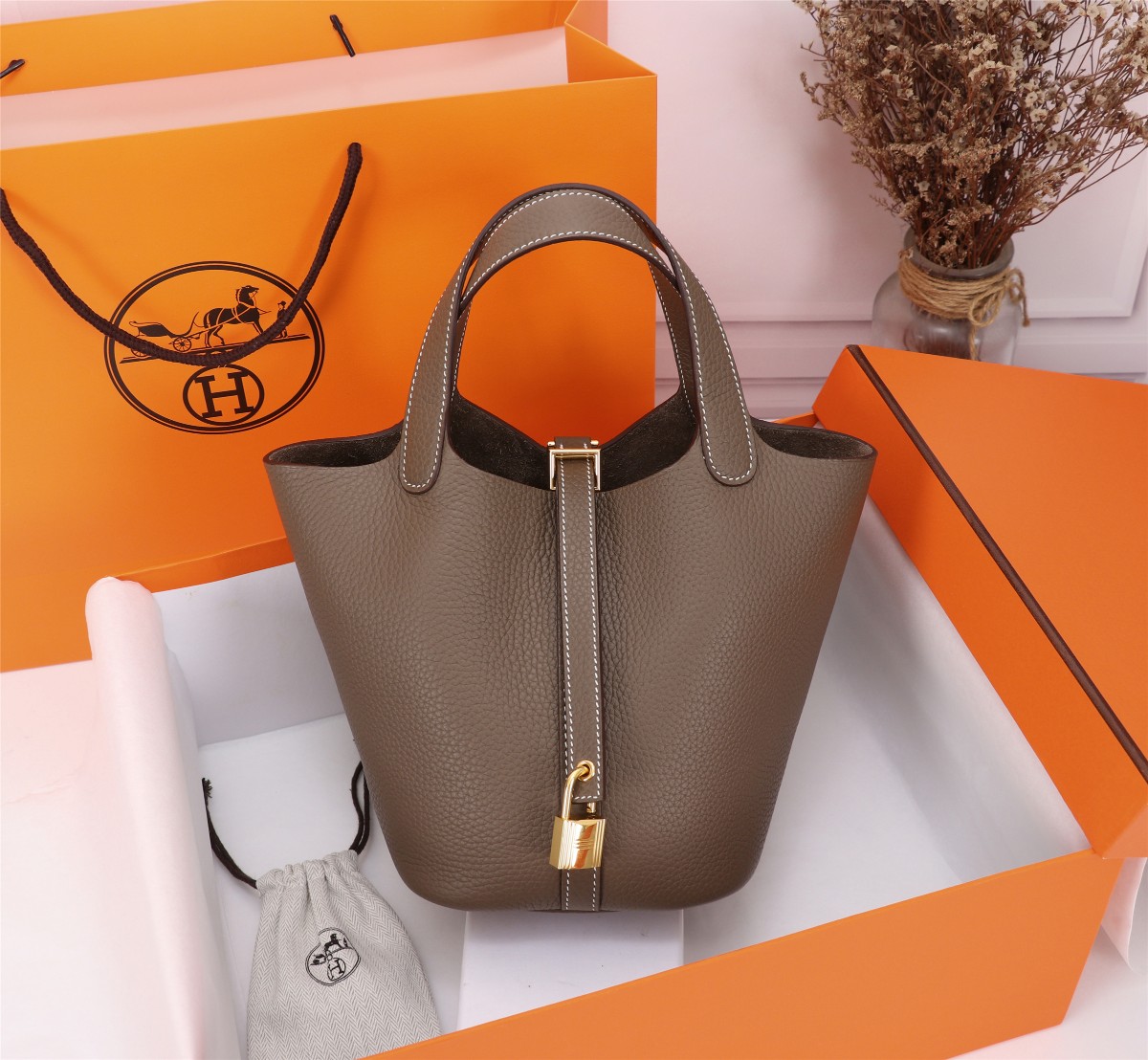 [TOP] HERMES Picotin Lock Bag TC Leather 18cm/22cm - Etoupe - GHW/SHW