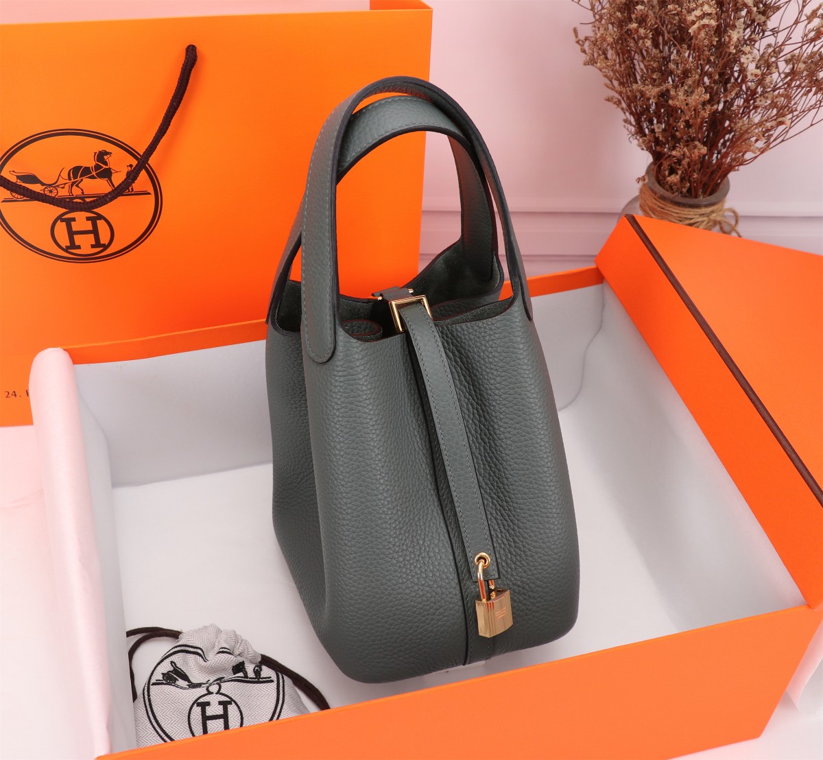 [TOP] HERMES Picotin Lock Bag TC Leather 18cm/22cm  - Grey