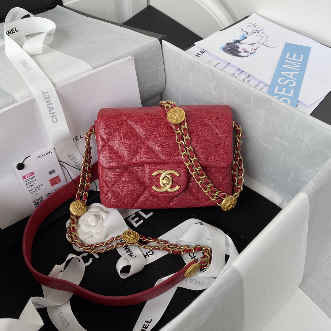 [TOP] CHANEL Classic Flap Bag Coin Calfskin Mini 13 x 17 x 6 cm - Red & GHW