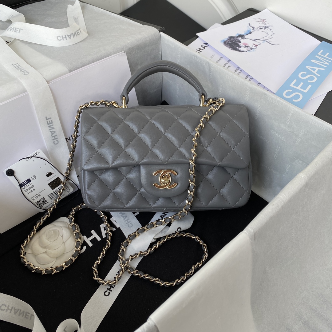 [TOP] CHANEL Coco Top Handle Bag Lambskin Small 20 x 12 x 6 cm - Gray