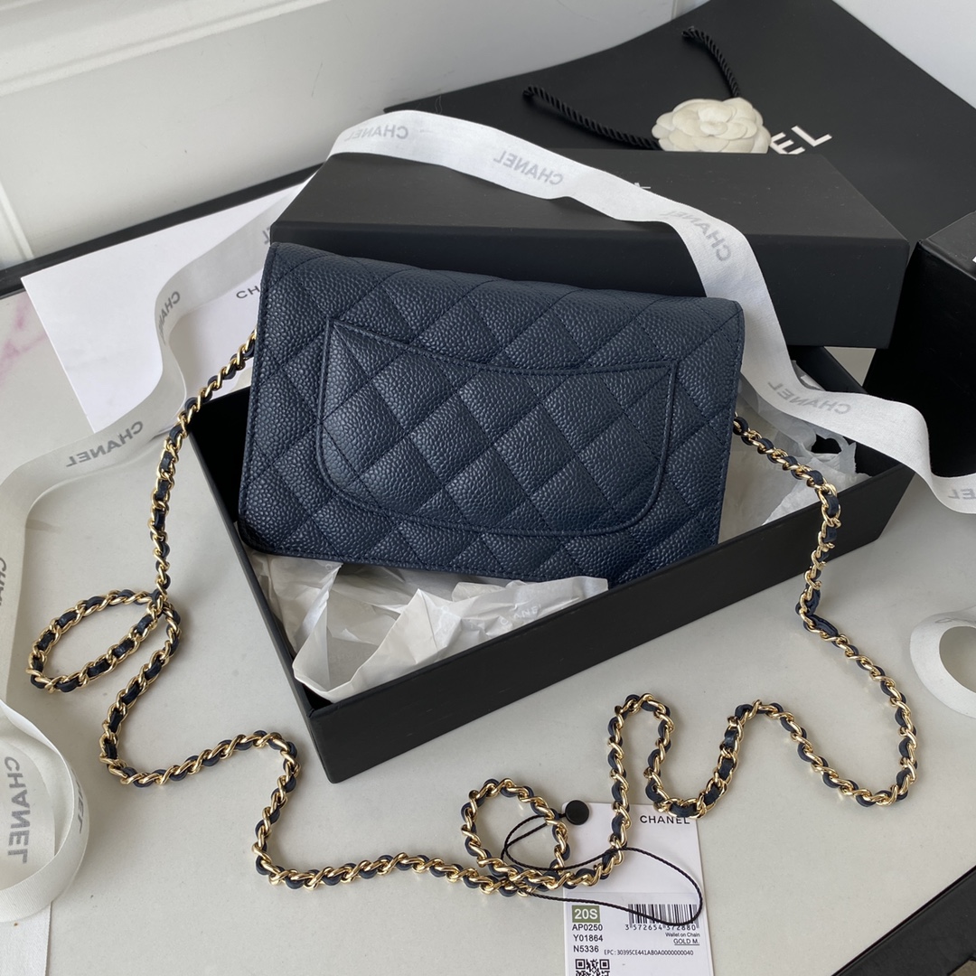 [TOP] CHANEL WOC Bag Lychee Leather small logo 19 cm - Dark Blue & GHW