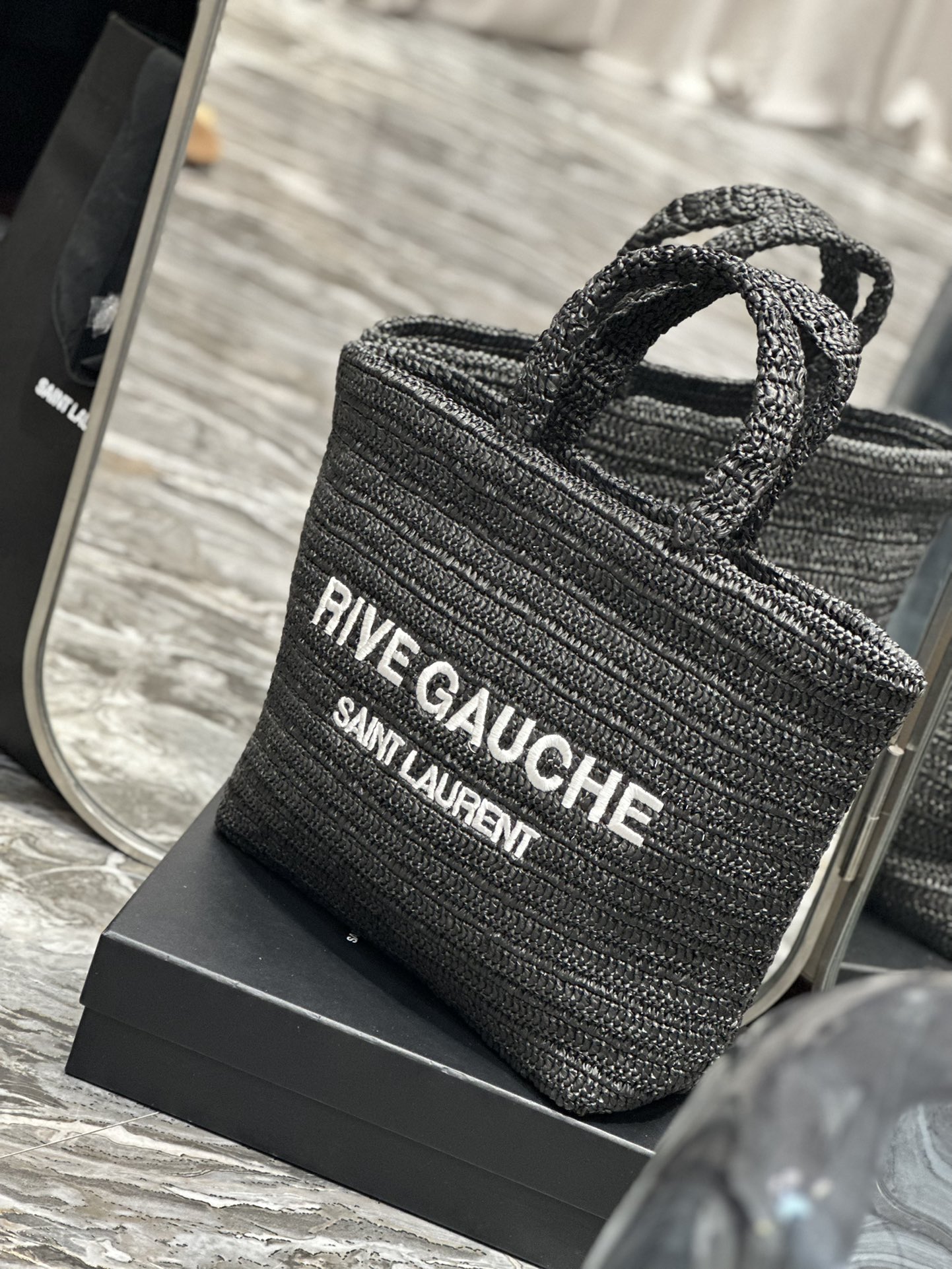 [TOP] Yves Saint Laurent YSL Rive Gauche Straw Tote Bag - Black