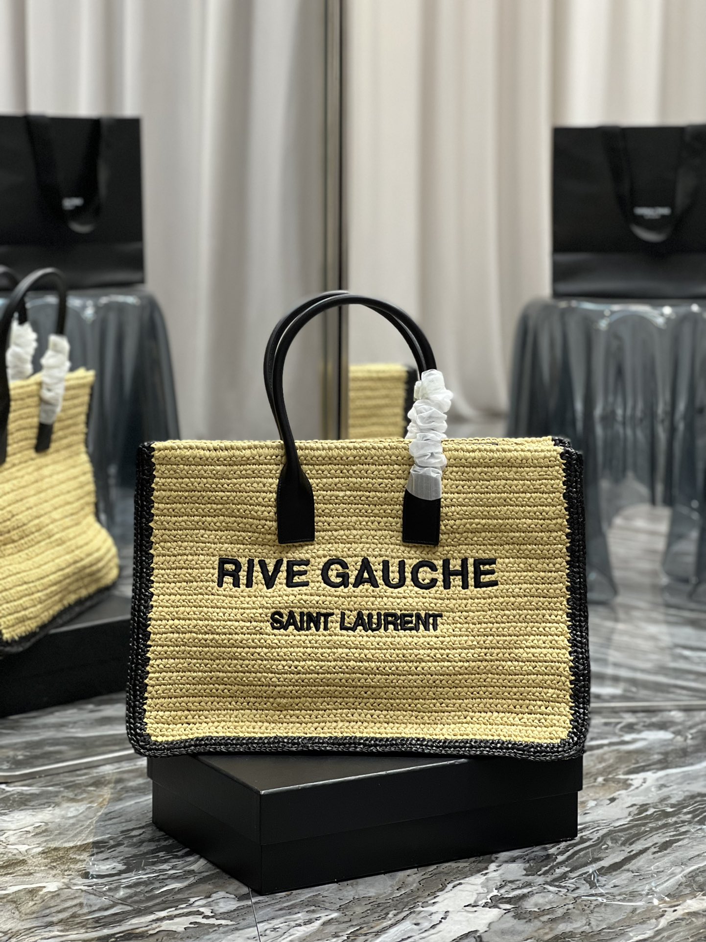 [TOP] Yves Saint Laurent YSL Rive Gauche Straw Tote Bag