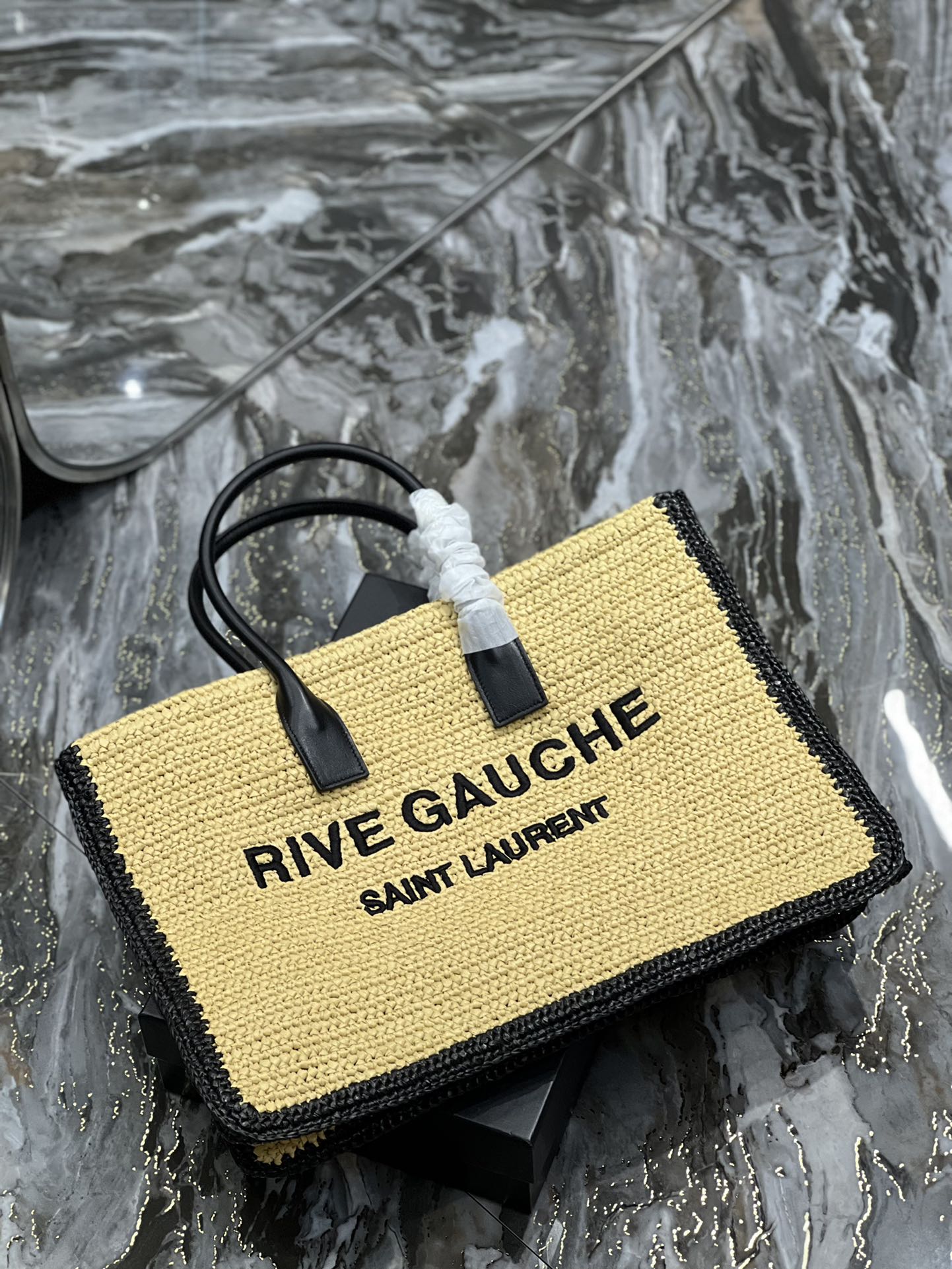 [TOP] Yves Saint Laurent YSL Rive Gauche Straw Tote Bag