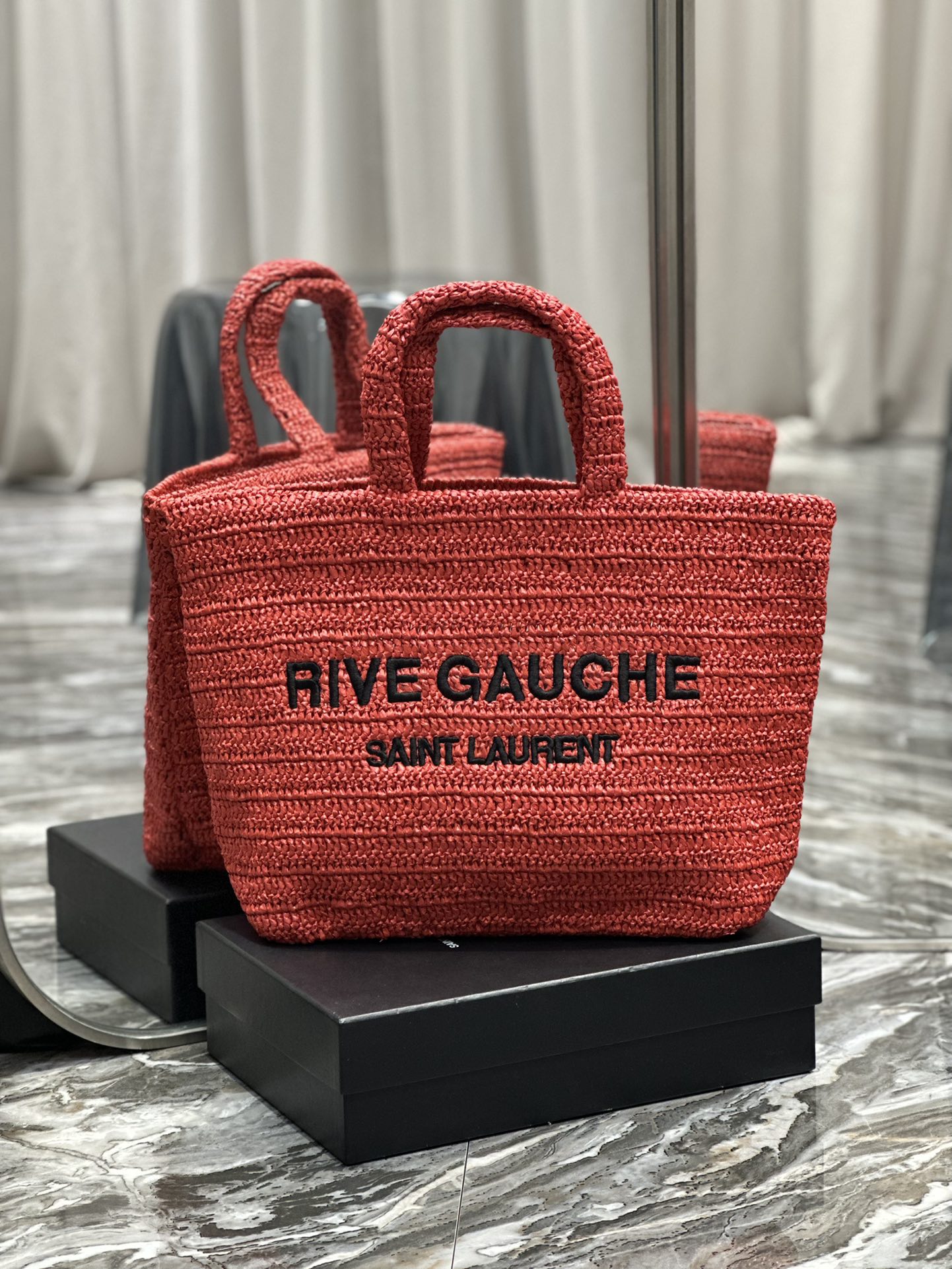 [TOP] Yves Saint Laurent YSL Rive Gauche Straw Tote Bag - Red
