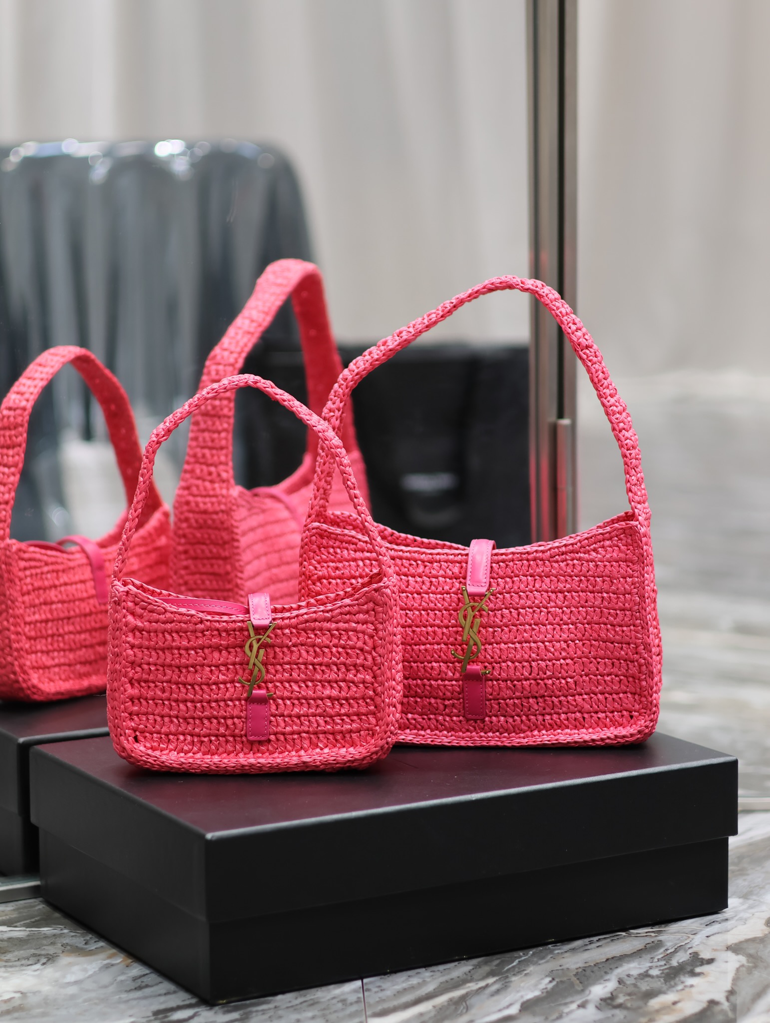 [TOP] Yves Saint Laurent YSL Le 5A7 Weave Shoulder Bag - Rose Red