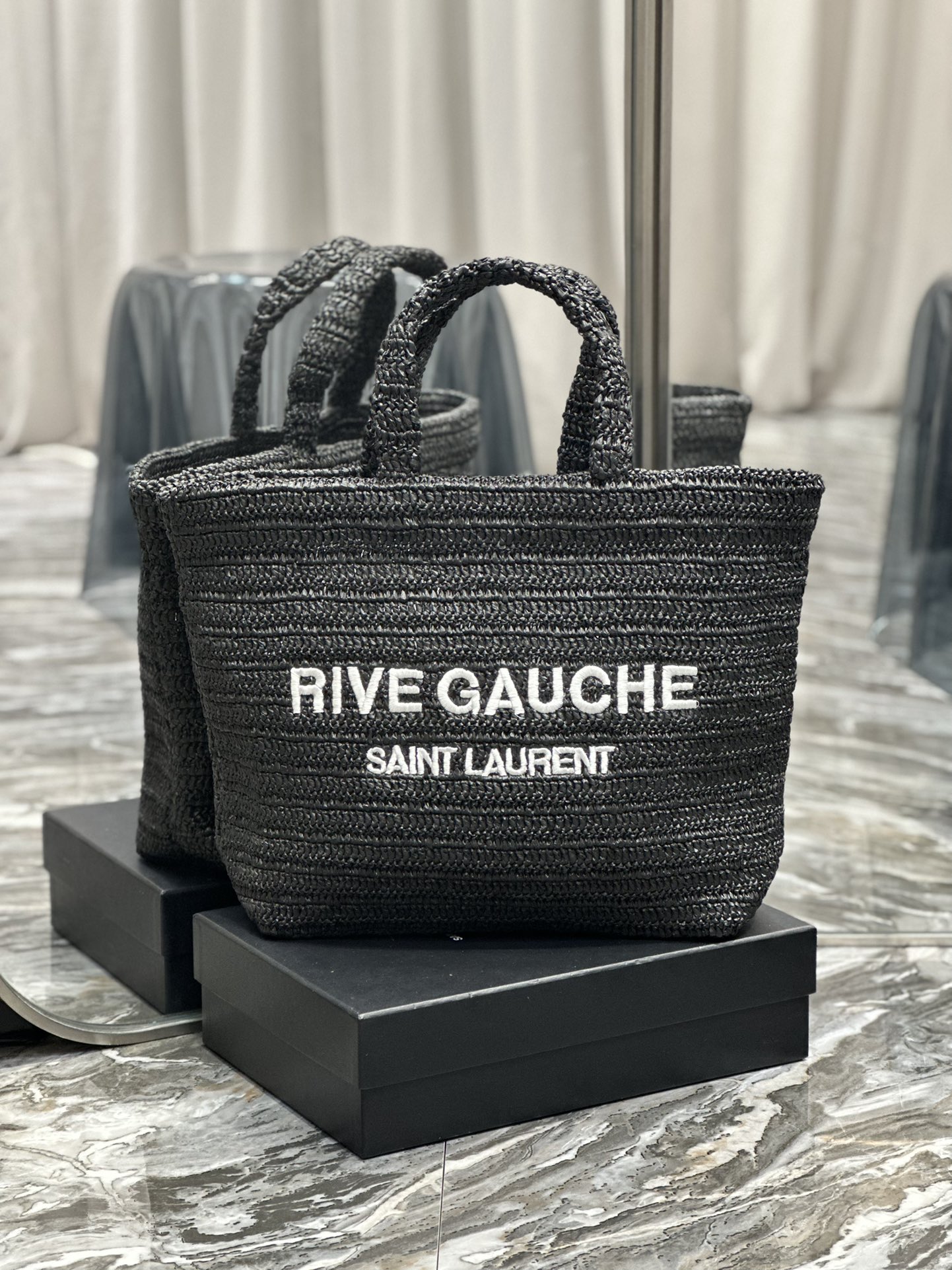 [TOP] Yves Saint Laurent YSL Rive Gauche Straw Tote Bag - Black