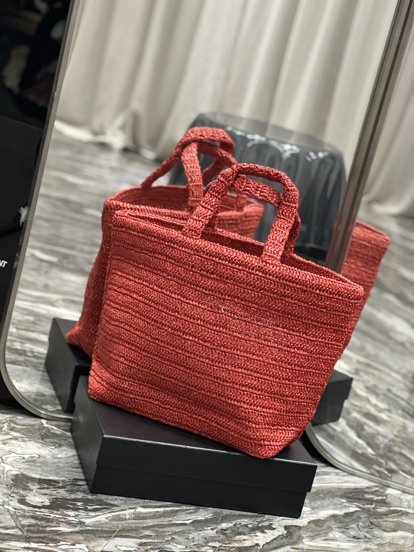 [TOP] Yves Saint Laurent YSL Rive Gauche Straw Tote Bag - Red
