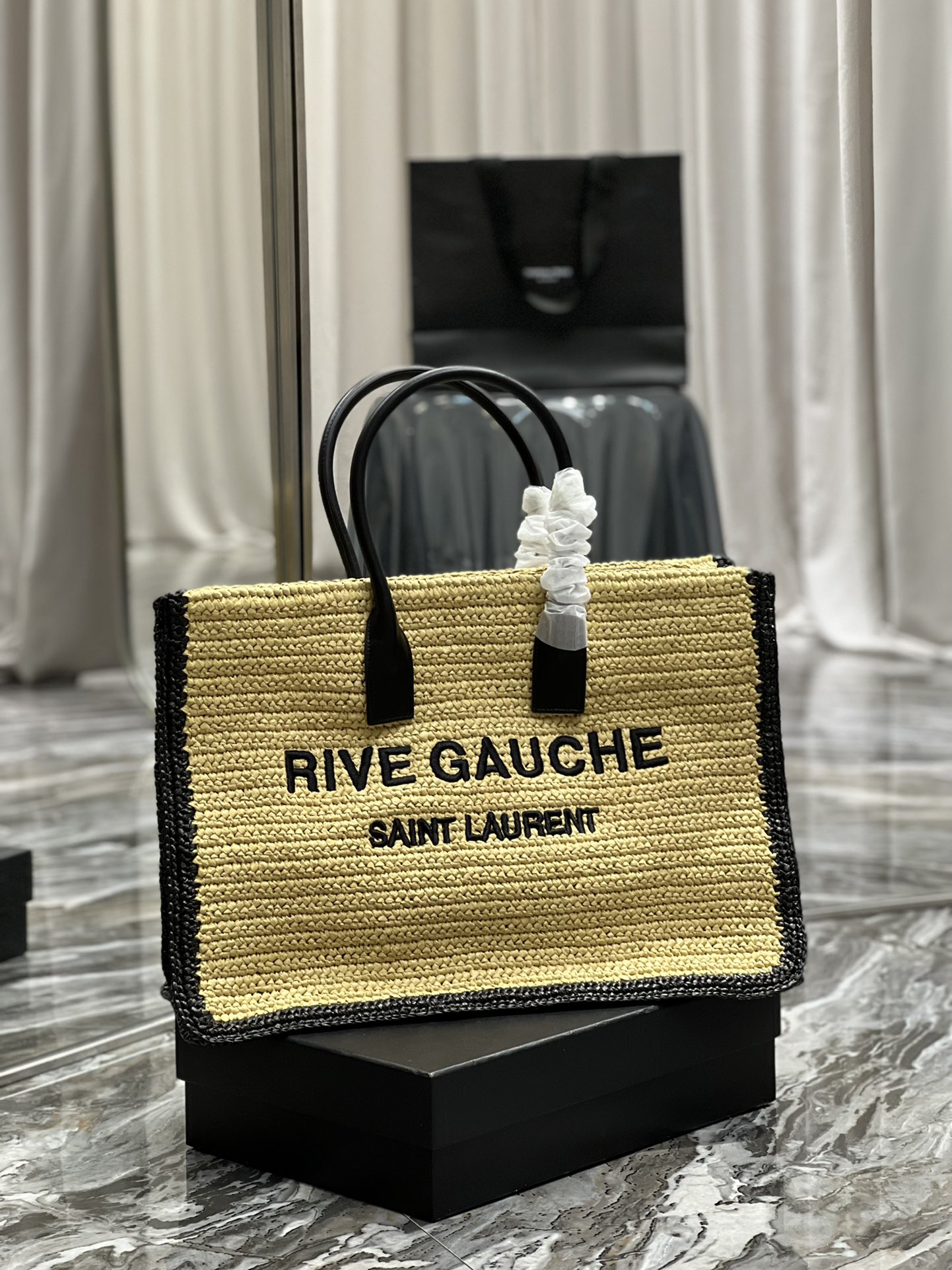 [TOP] Yves Saint Laurent YSL Rive Gauche Straw Tote Bag