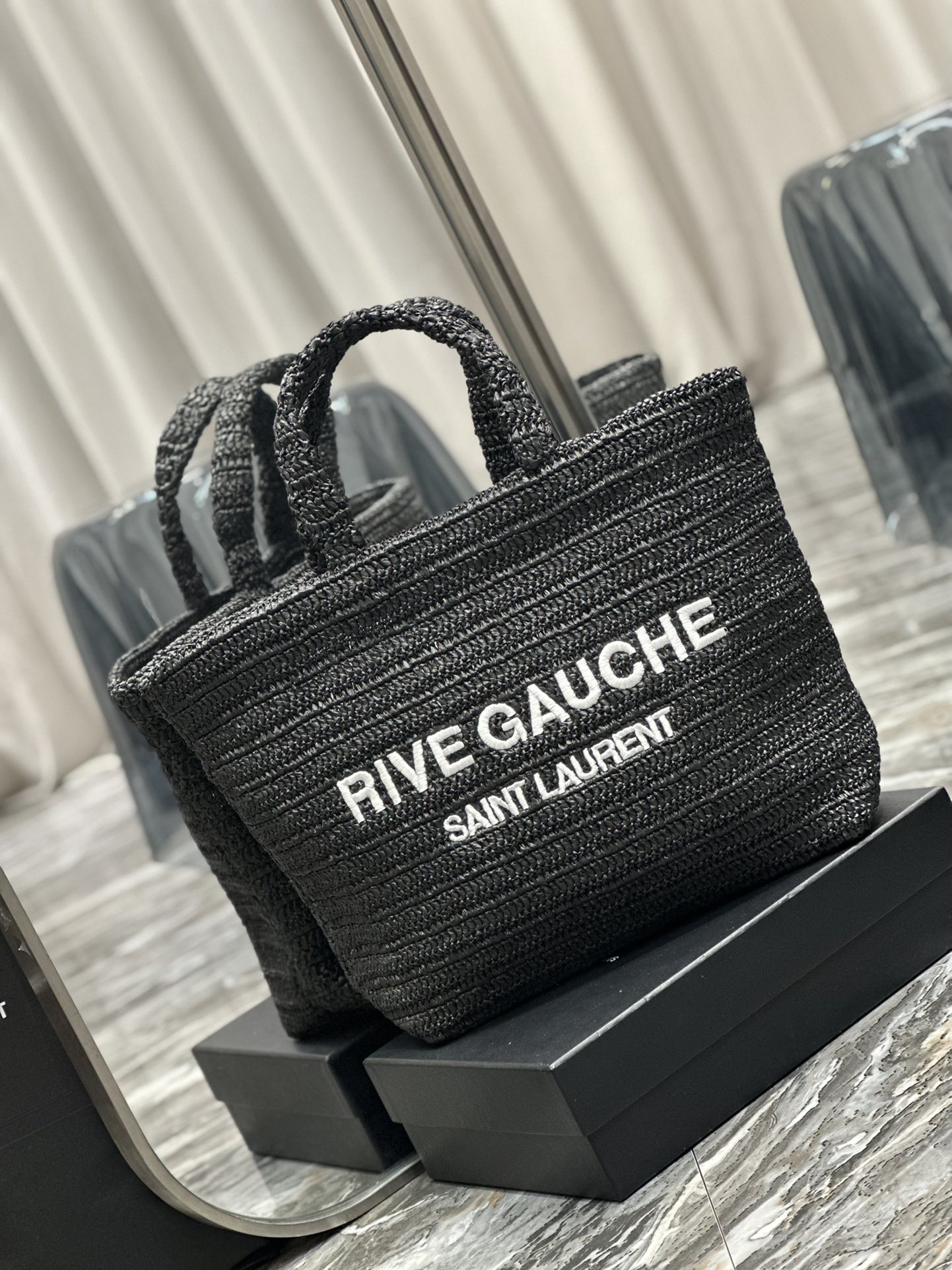 [TOP] Yves Saint Laurent YSL Rive Gauche Straw Tote Bag - Black