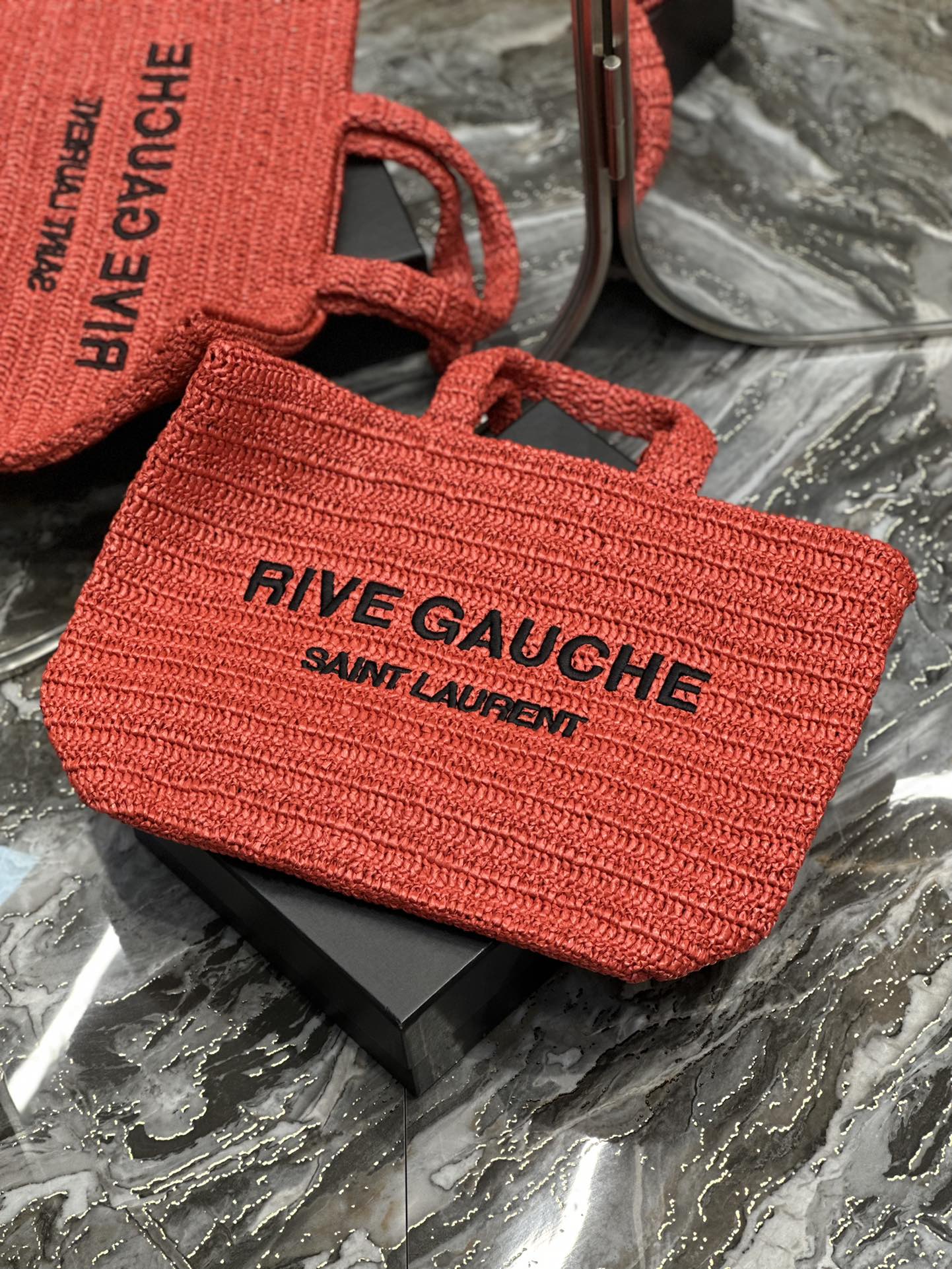 [TOP] Yves Saint Laurent YSL Rive Gauche Straw Tote Bag - Red
