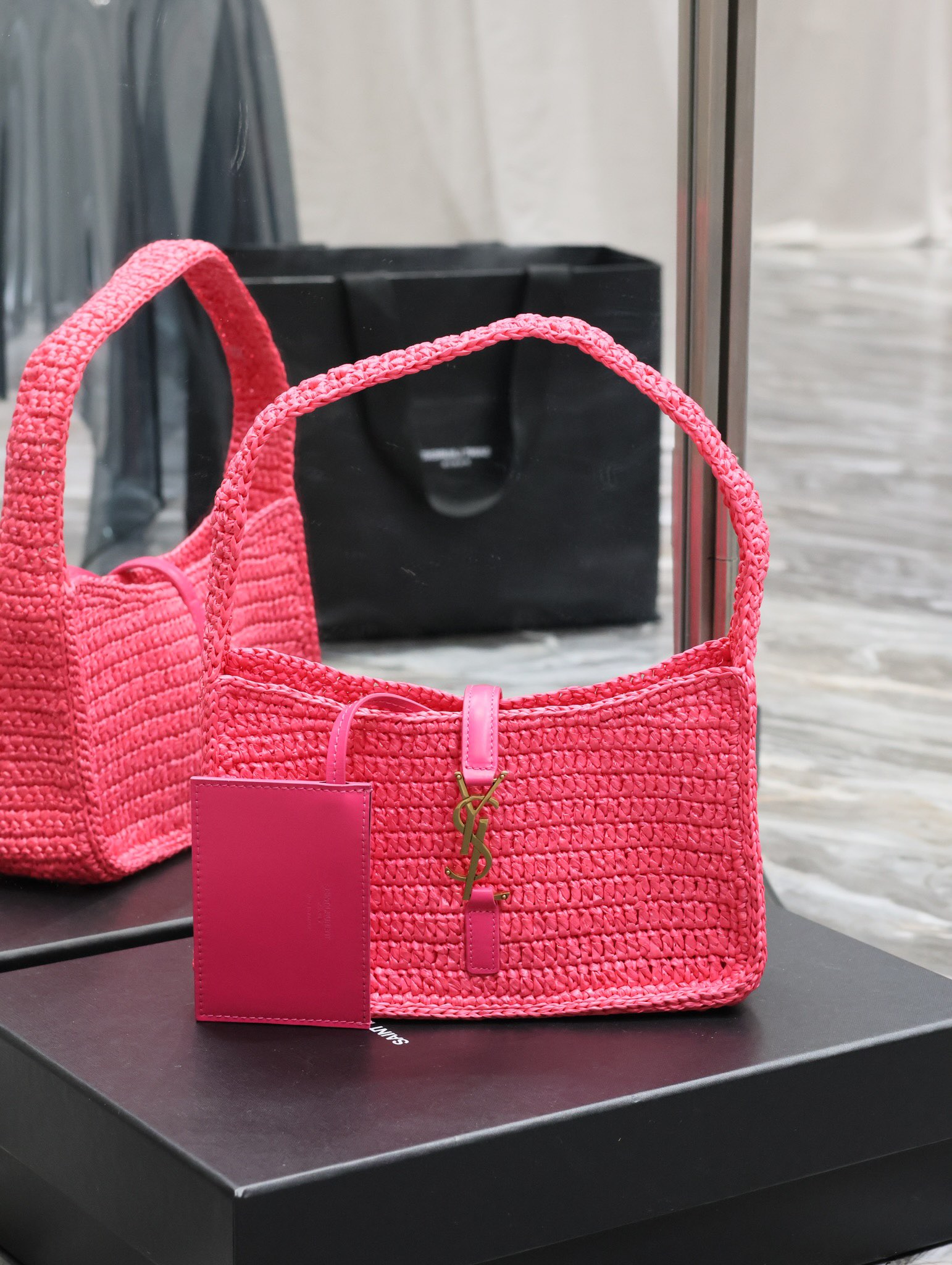 [TOP] Yves Saint Laurent YSL Le 5A7 Weave Shoulder Bag - Rose Red
