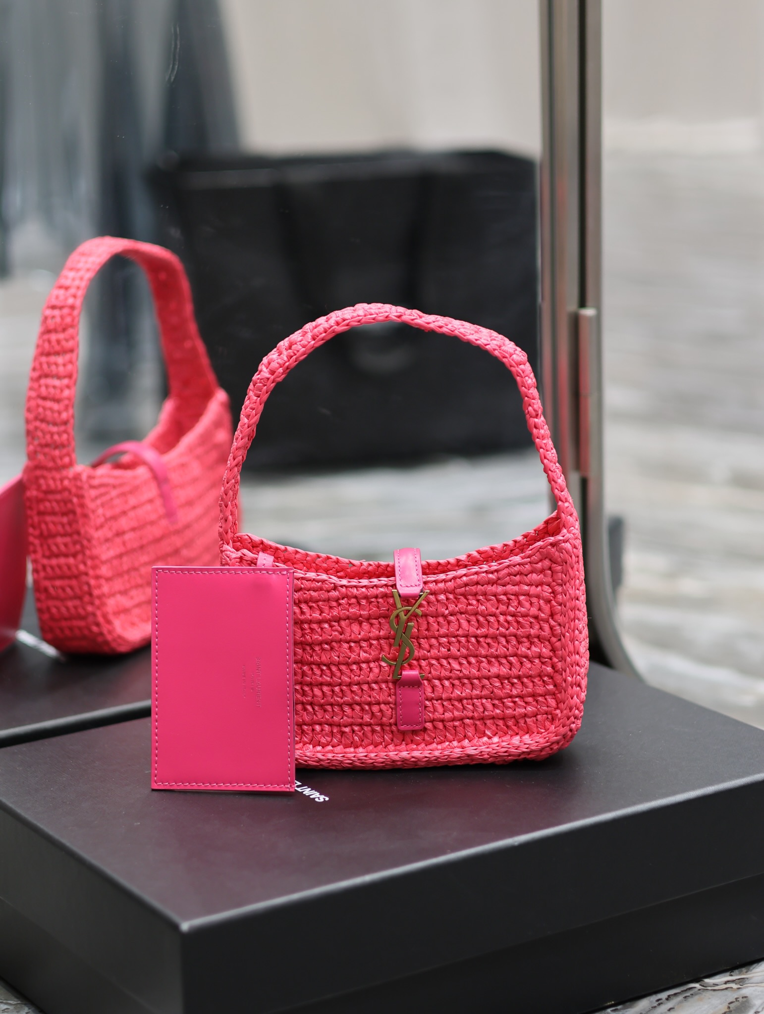 [TOP] Yves Saint Laurent YSL Le 5A7 Weave Shoulder Bag - Rose Red