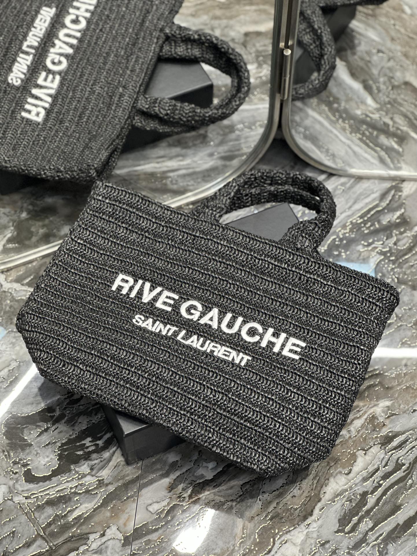 [TOP] Yves Saint Laurent YSL Rive Gauche Straw Tote Bag - Black