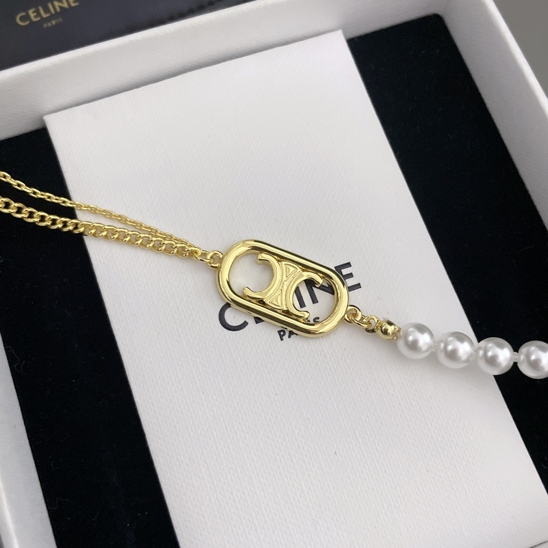[TOP] CELINE C Side Metal & Pearl Chain Necklace
