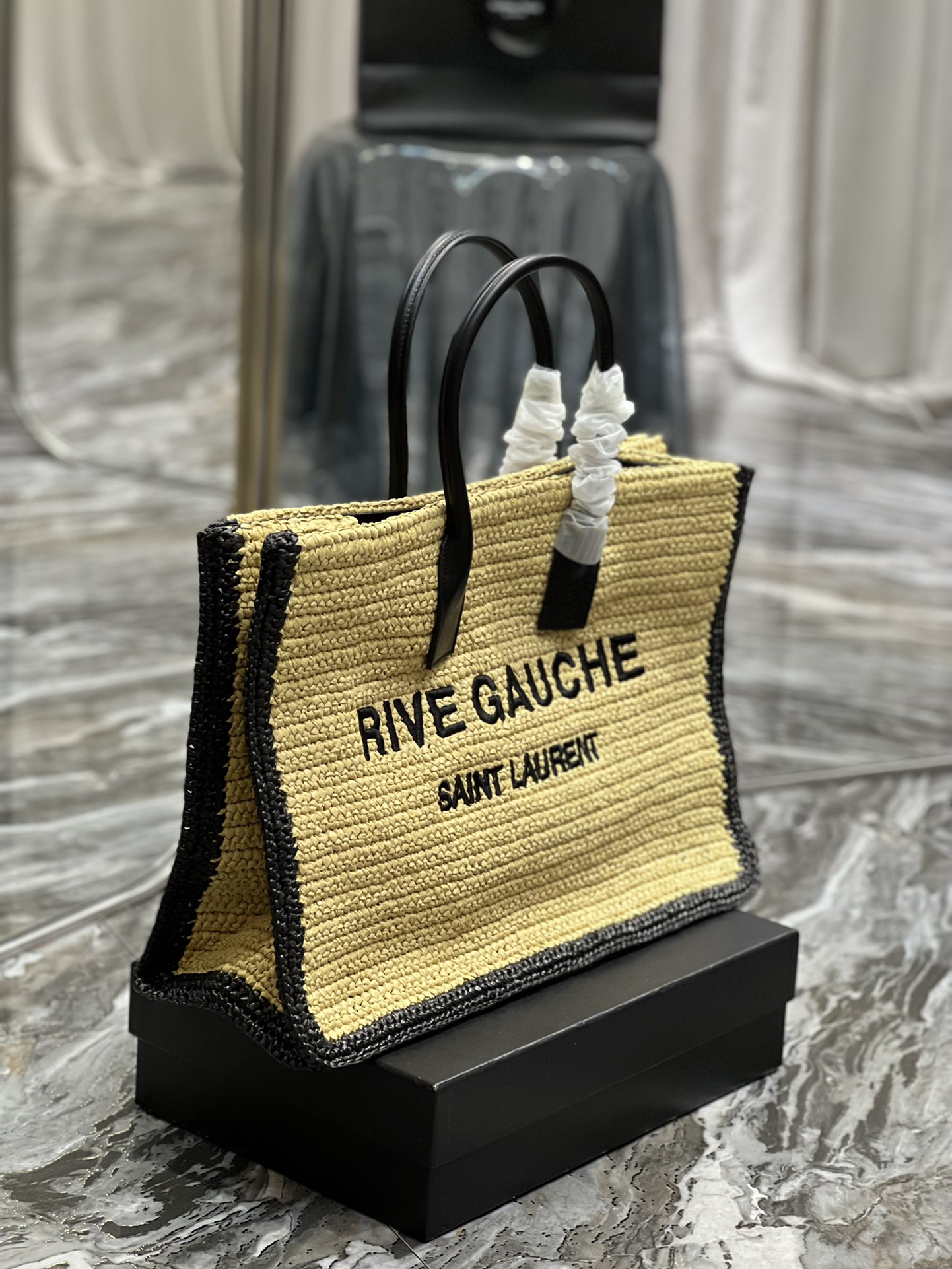 [TOP] Yves Saint Laurent YSL Rive Gauche Straw Tote Bag